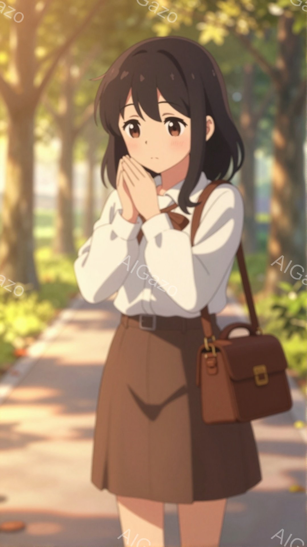 茶髪の少女は、白いシャツと茶色のスカート、そして革の鞄を身につけて立っています。彼女は両手を合わせて祈るようにしており、少し不安そうな表情をしています。背景には木々が生い茂る遊歩道があり、暖かく柔らかな光が差し込み、穏やかな雰囲気を醸し出しています。