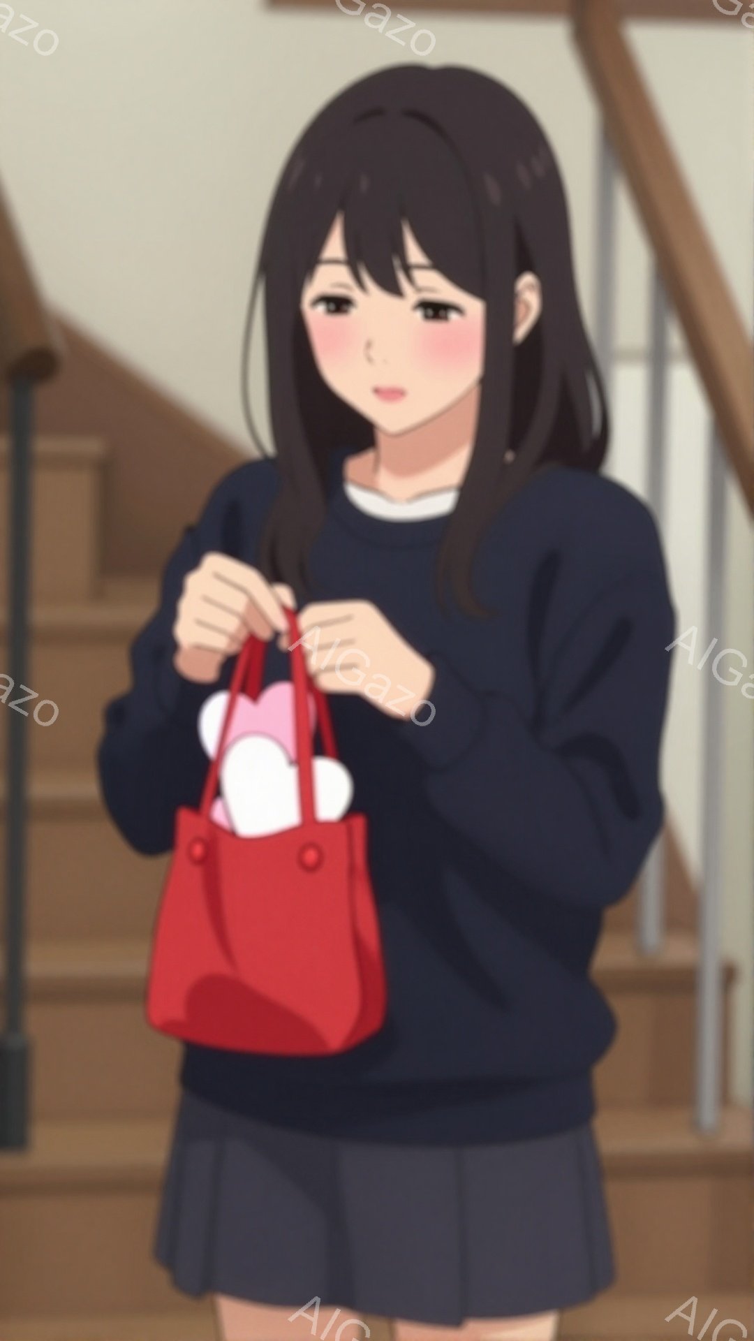 黒髪の少女が、紺色のセーターとスカート姿で描かれています。彼女は赤いバッグを持っており、中にはピンク色の可愛らしいぬいぐるみが顔を出しています。背景には階段が見え、室内のような落ち着いた雰囲気が漂っています。
