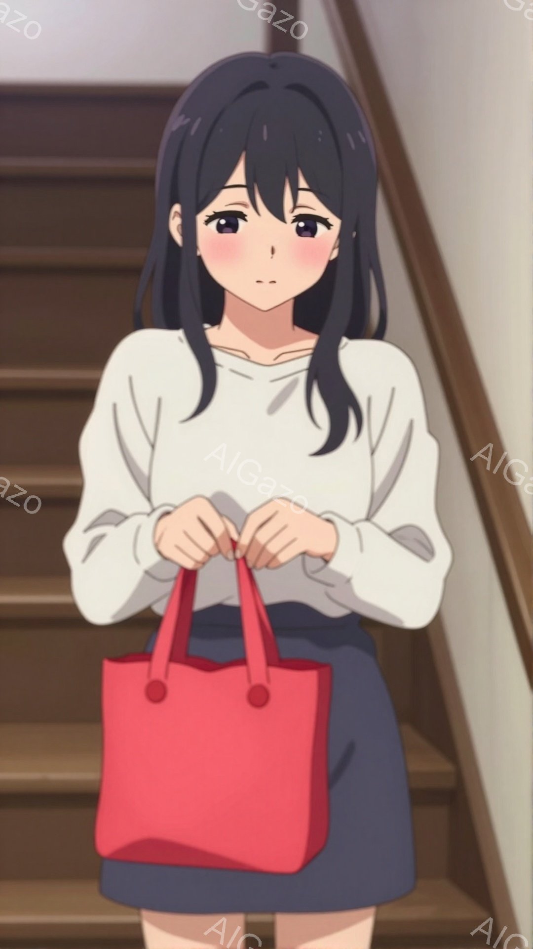 黒髪の少女が階段に立っている。白いセーターと紺色のスカートを着用し、赤いハンドバッグを持っています。表情は穏やかで、少し微笑んでいるように見えます。 - AI生成フリー素材