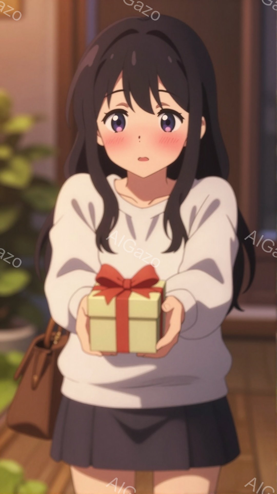 黒髪で前髪が特徴的な少女が、リボンのかかった小さなプレゼントを両手で抱えています。白いセーターと黒いスカートを身につけ、少し照れたような表情を浮かべています。背景には植物が見え、室内で暖かい雰囲気が漂 - AI生成フリー素材