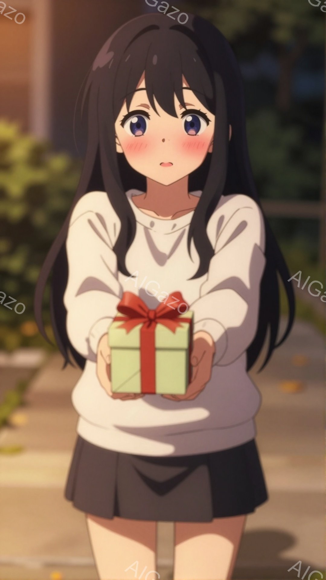 長い黒髪の少女が、両手で緑色のリボンで飾られた小さなギフトボックスを抱えています。彼女は白いセーターと黒いスカートを着ており、少し恥ずかしそうな表情をしています。背景には、木々や植物が見える屋外の風景が広がっており、暖かく優しい雰囲気が漂っています。