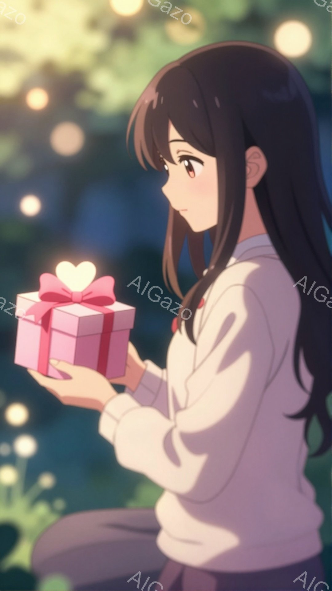 茶髪の少女がピンク色のリボンのかかったプレゼントを手に持っています。白いセーターを着ており、少し微笑んでいる様子が見て取れます。背景はぼやけた光の粒子で満たされており、ロマンチックで温かい雰囲気を醸し - AI生成フリー素材