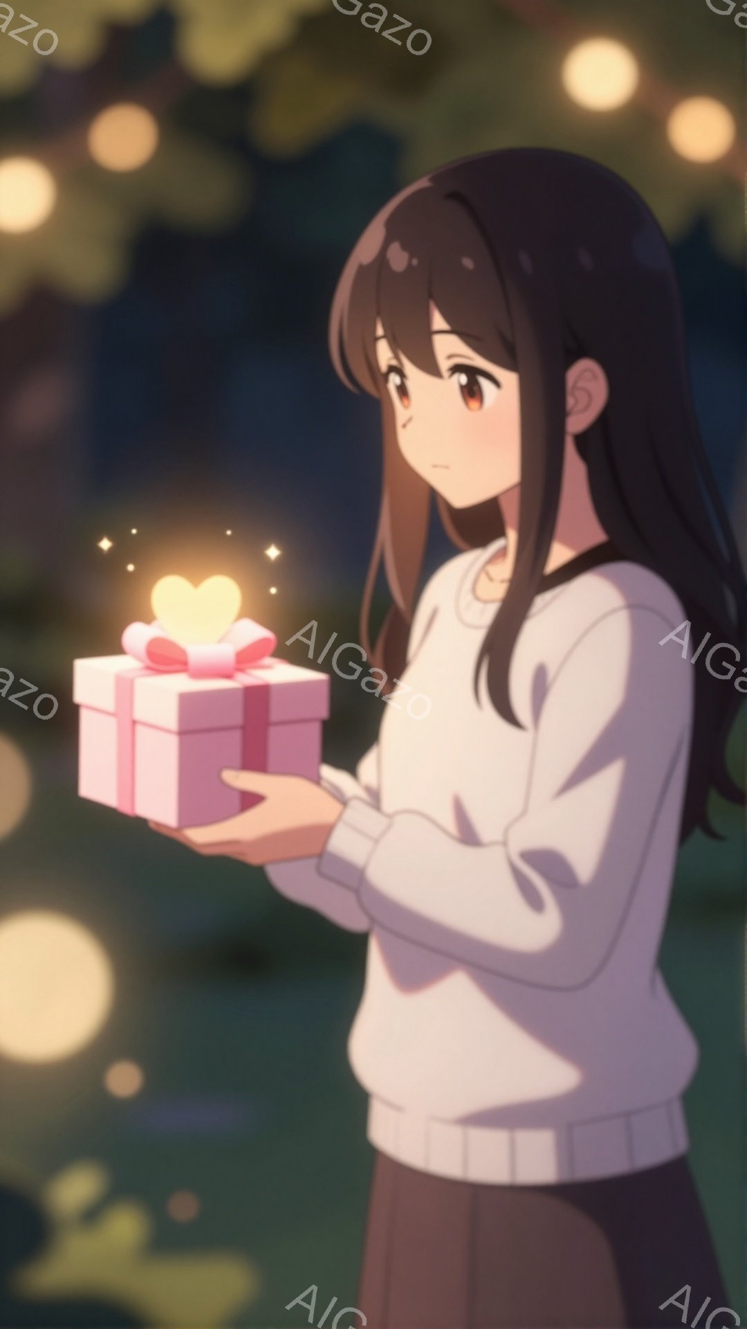 長い黒髪の少女が、ピンク色のリボンが付いた小さなギフトボックスを両手で抱えています。彼女は白いセーターとスカートを着ており、少し微笑んでいるように見えます。背景にはぼやけた緑の植物と、光るぼんやりとし - AI生成フリー素材