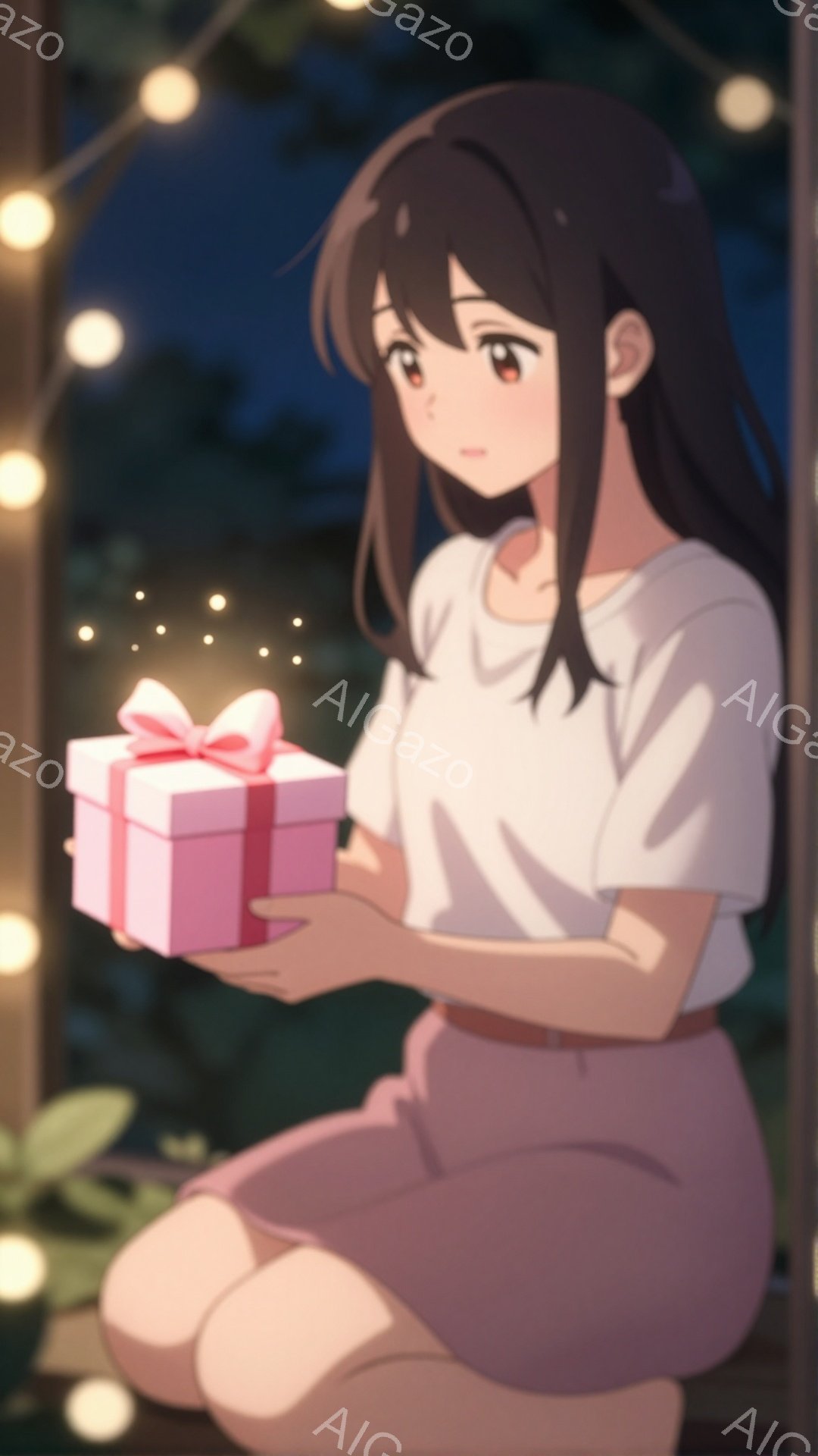 長い黒髪の少女が、ピンク色のリボンで飾られた小さなプレゼントの箱を両手で大切そうに持っています。白いTシャツとピンク色のスカートを身につけ、少し照れたような表情を浮かべています。背景にはぼやけた緑の葉 - AI生成フリー素材