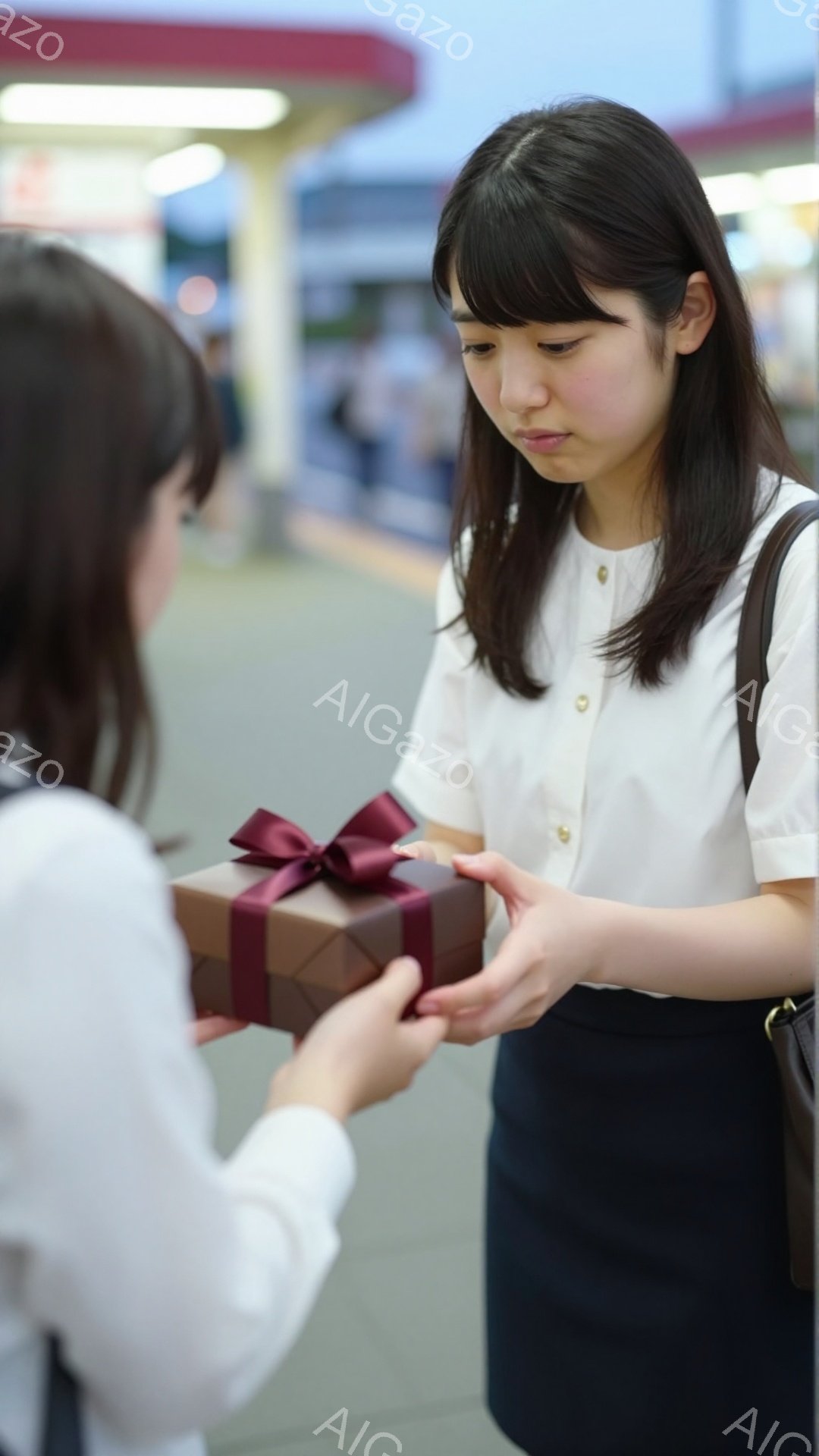一人の若い女性が、茶色のリボンが付いた小さなギフトボックスを受け取ろうとしています。彼女は白いシャツと紺色のスカートを着ており、少し不安そうな表情をしています。背景には、ぼやけた建物と夕暮れのような薄暗い空が見え、落ち着いた雰囲気が漂っています。