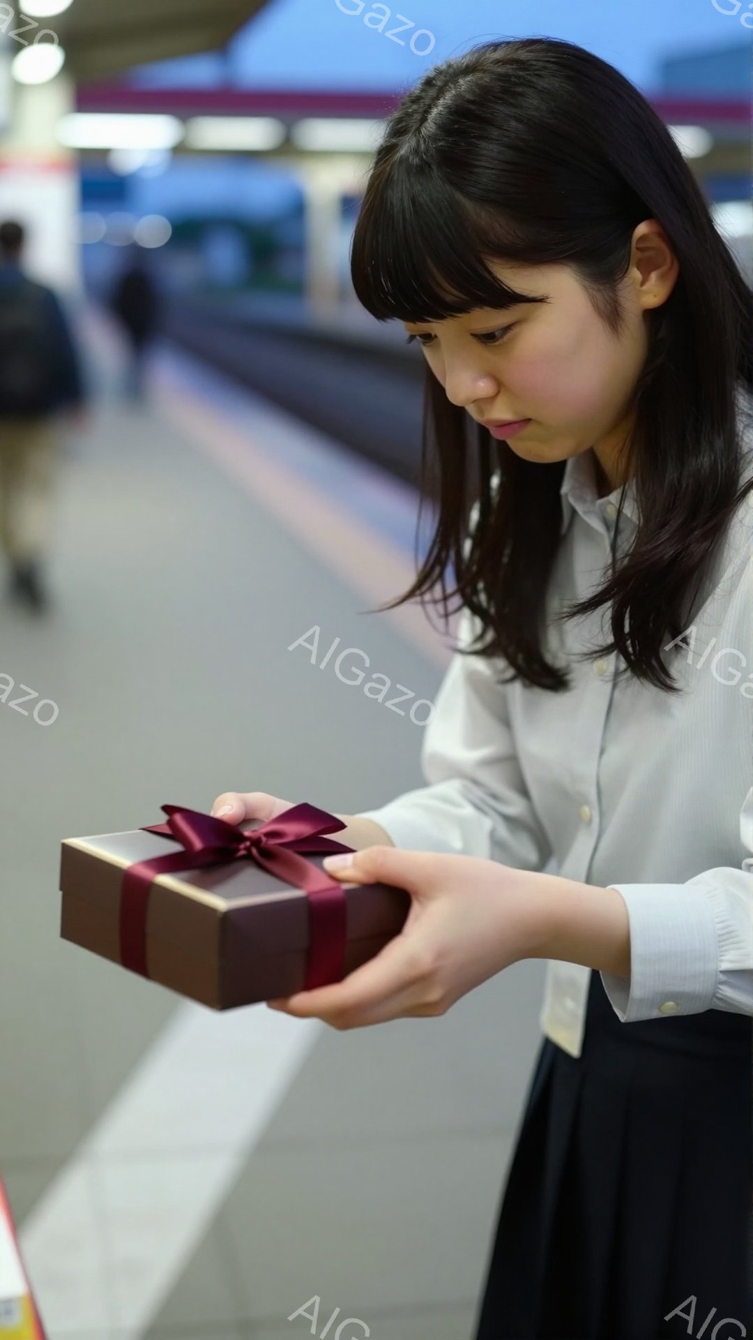若い女性が茶色い包装紙と赤いリボンで飾られた小さな箱を両手で持っている。彼女は白いシャツと濃いスカートを着ており、前髪のある黒髪が肩にかかっている。背景には、プラットフォームのような場所が見え、ぼやけた人物と線が見られ、全体的に落ち着いた雰囲気が漂っている。
