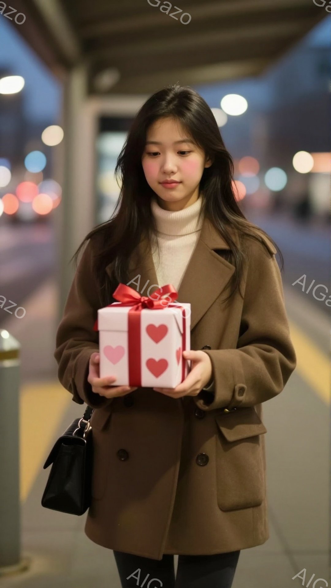 長い黒髪をセンターパートにした女性が、ピンクと白のハート柄のギフトボックスを抱えています。彼女はベージュ色のオーバーサイズコートと黒いボトムスを着用し、控えめな笑顔を浮かべています。背景は夜の道路で、 - AI生成フリー素材