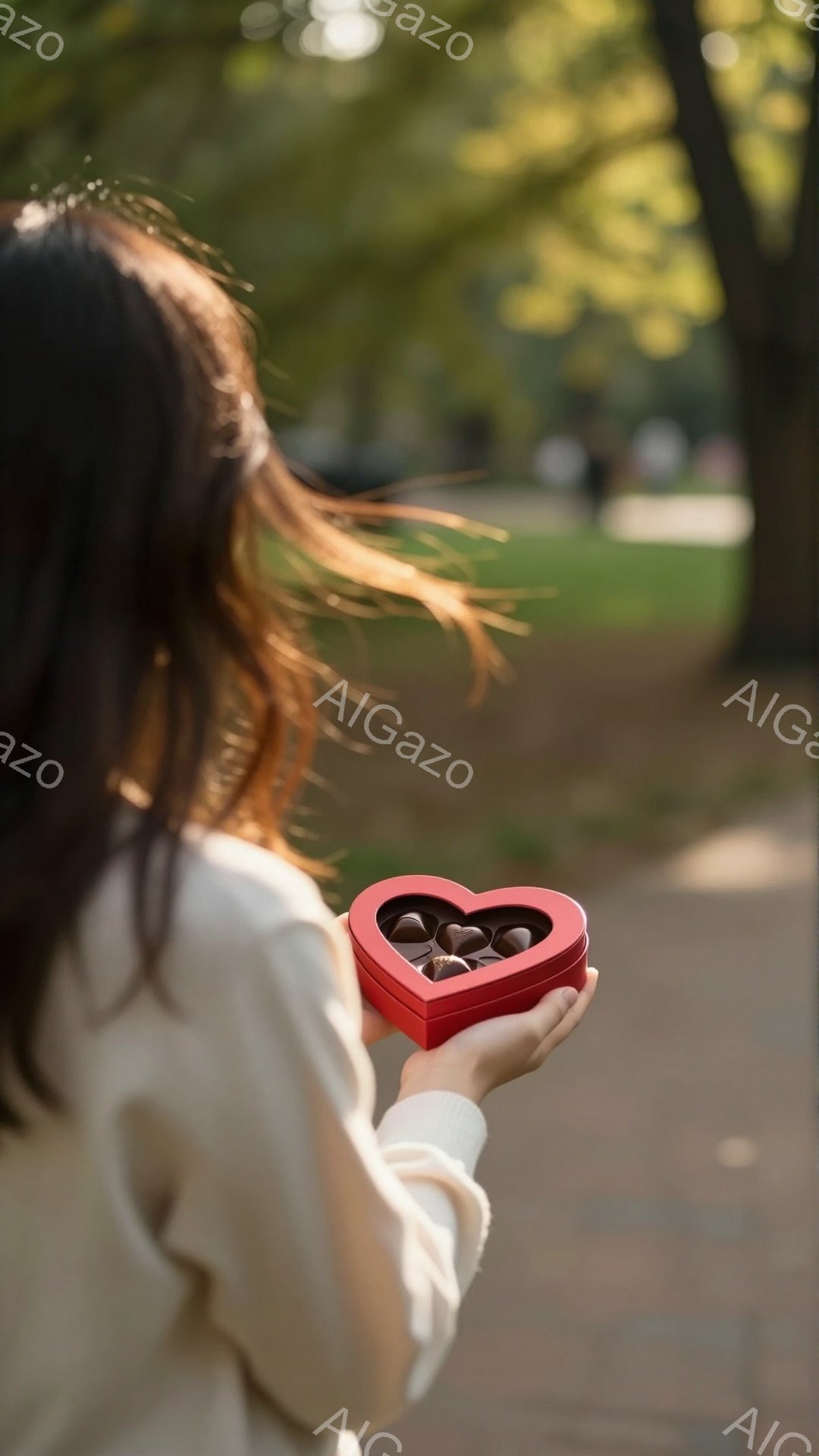 長い黒髪の女性が、赤いハート型の箱を手のひらで差し出している。彼女はオフホワイトのセーターを着ており、背景には緑豊かな木々や遊歩道が広がり、秋らしい穏やかな雰囲気を感じさせる。箱の中にはチョコレートが - AI生成フリー素材