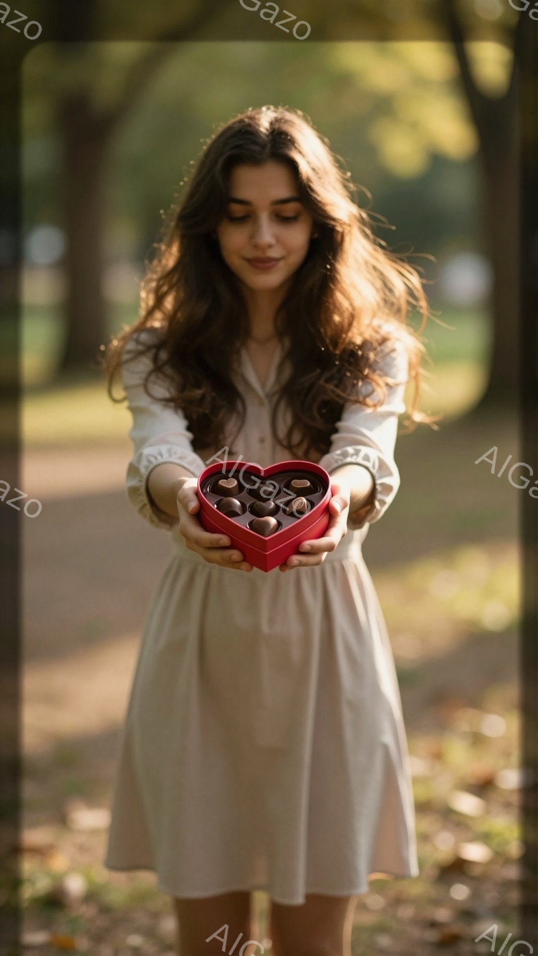 長い茶色の髪を無造作に垂らし、クリーム色のワンピースを着た若い女性が、赤いハート型の箱を両手で大事そうに持っている。背景は緑豊かな自然で、ぼやけた木々や光が差し込む散歩道がみえ、穏やかでロマンチックな - AI生成フリー素材