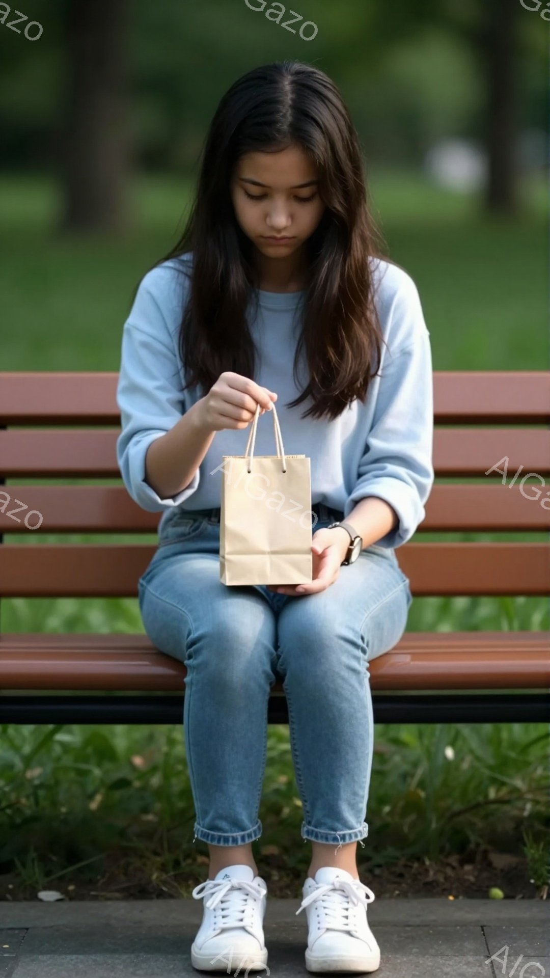 若い女性が公園のベンチに座り、茶色の紙袋を手に持っている。彼女は水色のセーターとジーンズを着用し、長くストレートの黒髪を下ろしている。背景には緑豊かな植物があり、穏やかで静かな雰囲気が漂っている。 - AI生成フリー素材