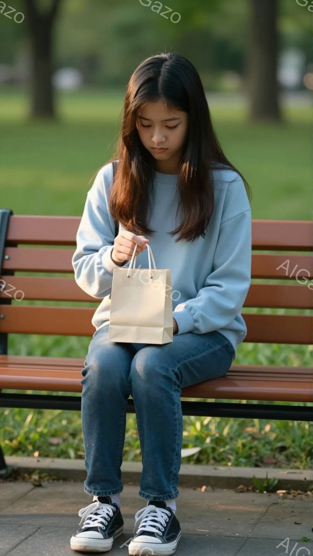 若い女性が公園のベンチに座り、茶色の紙袋を膝の上に持っています。彼女は水色のセーターとジーンズを身につけ、長い黒髪が肩にかかっています。背景には緑豊かな木々が見え、穏やかな春の日らしい雰囲気です。 - AI生成フリー素材