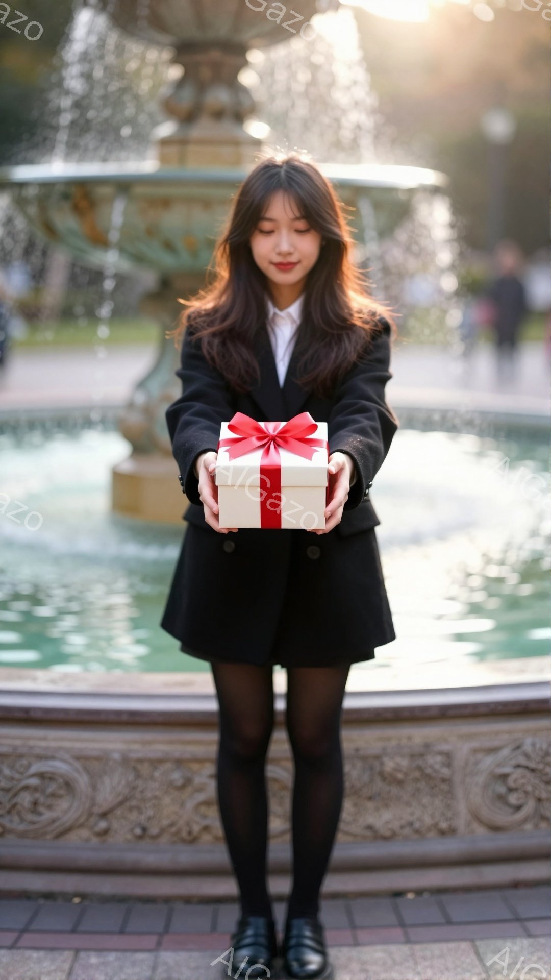 黒いコートとスカート、黒いタイツと靴を身に着けた若い女性が、赤いリボンで飾られた白いギフトボックスを両手で前に差し出しています。彼女は肩までの長さの黒髪で、控えめな微笑みを浮かべています。背景には彫刻が施された噴水があり、晴れた日の穏やかな雰囲気です。
