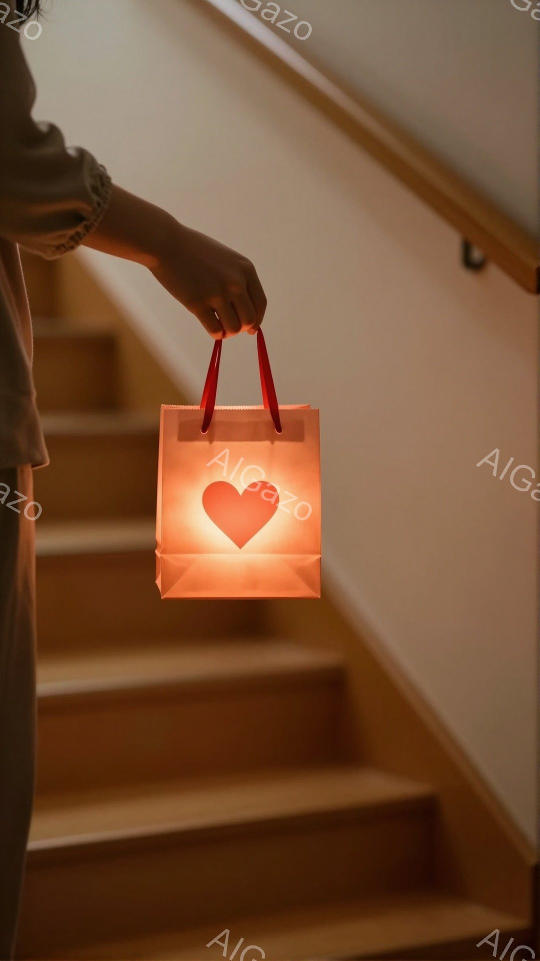 階段の上を歩く人物が、オレンジ色の光を放つハート型の光が入った紙袋を持っています。人物はベージュ色の長袖シャツを着ており、髪は後ろでまとめられています。背景は木製の階段で、暖かく、落ち着いた雰囲気です。