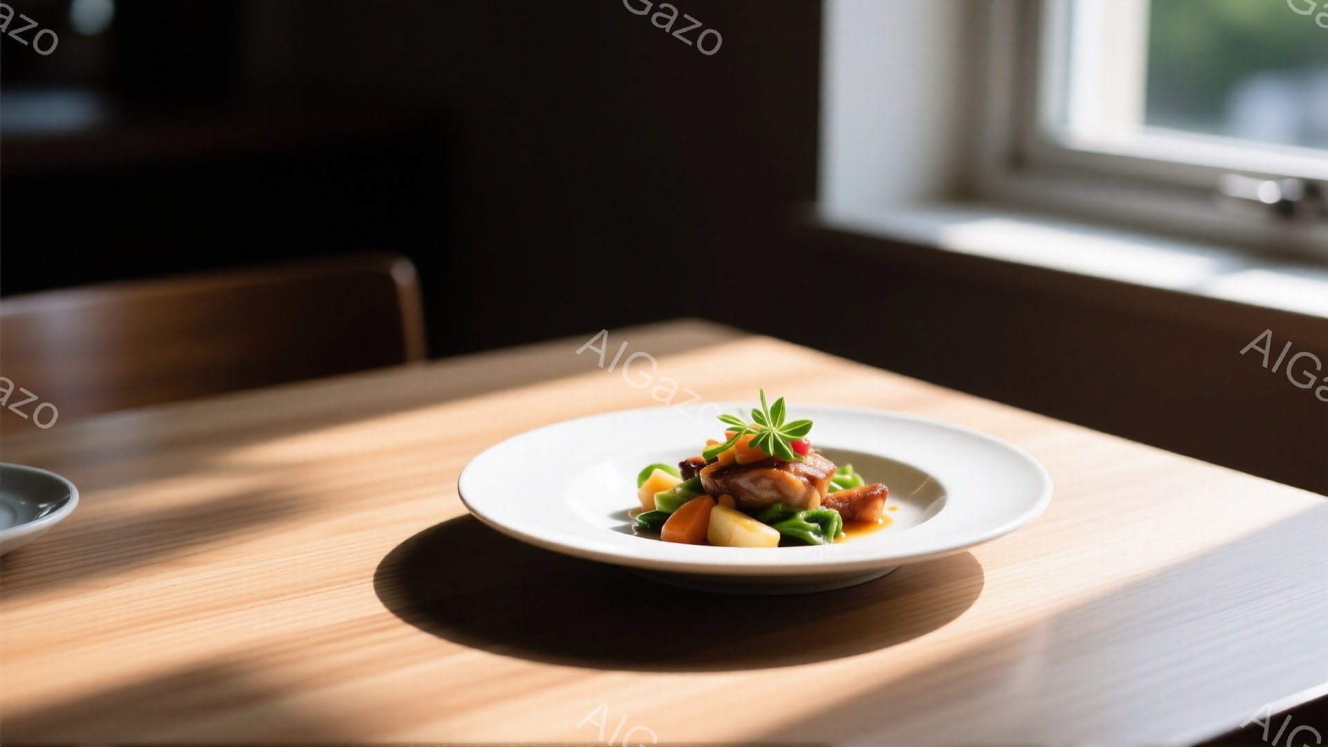 白い皿に彩り豊かな煮物料理が盛り付けられています。自然光が木製のテーブルに差し込み、料理と影のコントラストが美しいです。背景にはぼんやりと椅子が見え、静かで落ち着いた食事が楽しめそうな雰囲気です。