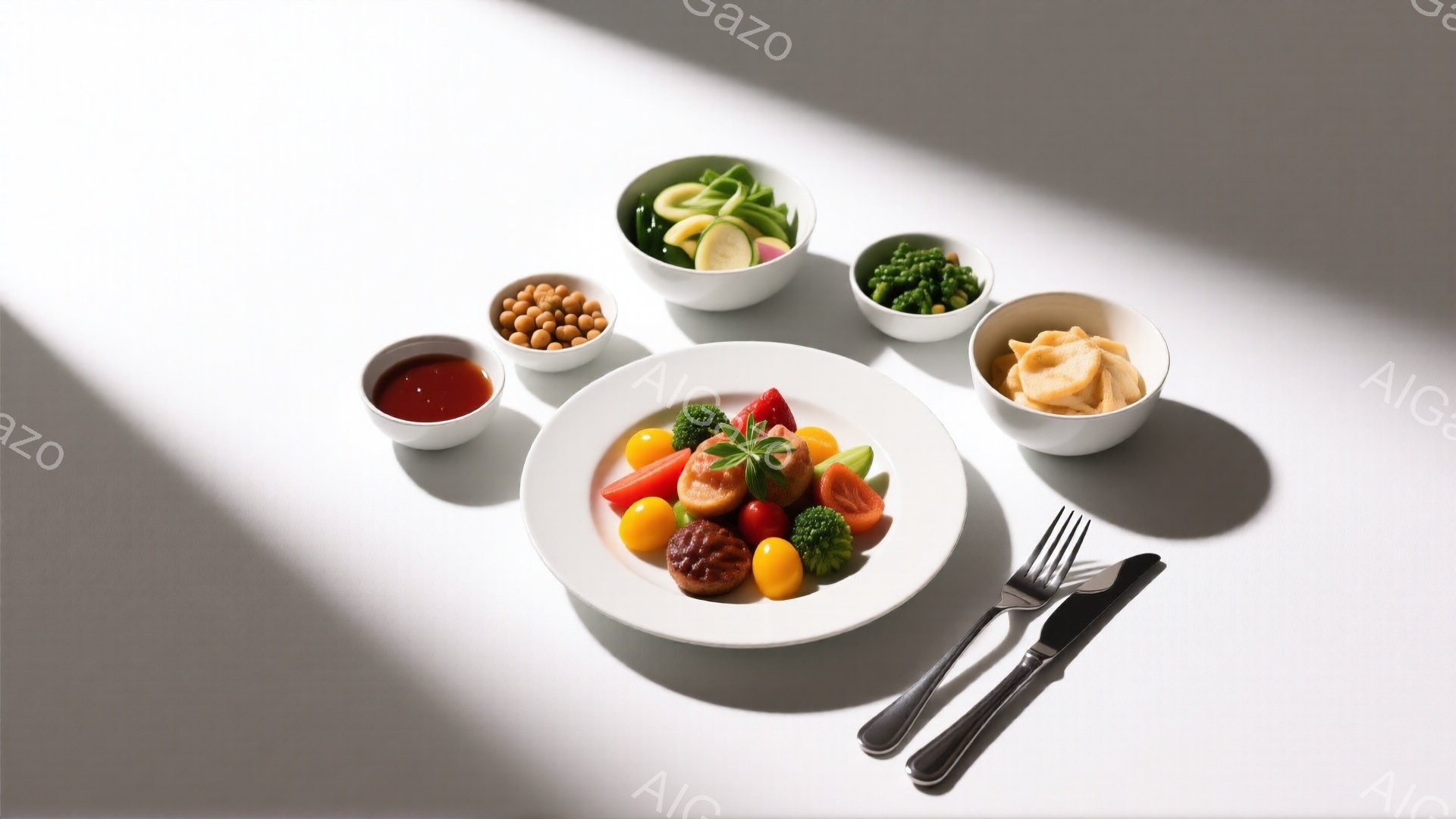 白い背景に、色とりどりの食材が盛り付けられた皿が中央に置かれています。皿の周りには、小さな白いボウルがいくつか配置され、それぞれに豆、ブロッコリー、細切りの野菜、揚げたものが盛られています。フォークとナイフが右下に置かれ、光の当たり方から、スタジオでの料理写真であることがわかります。