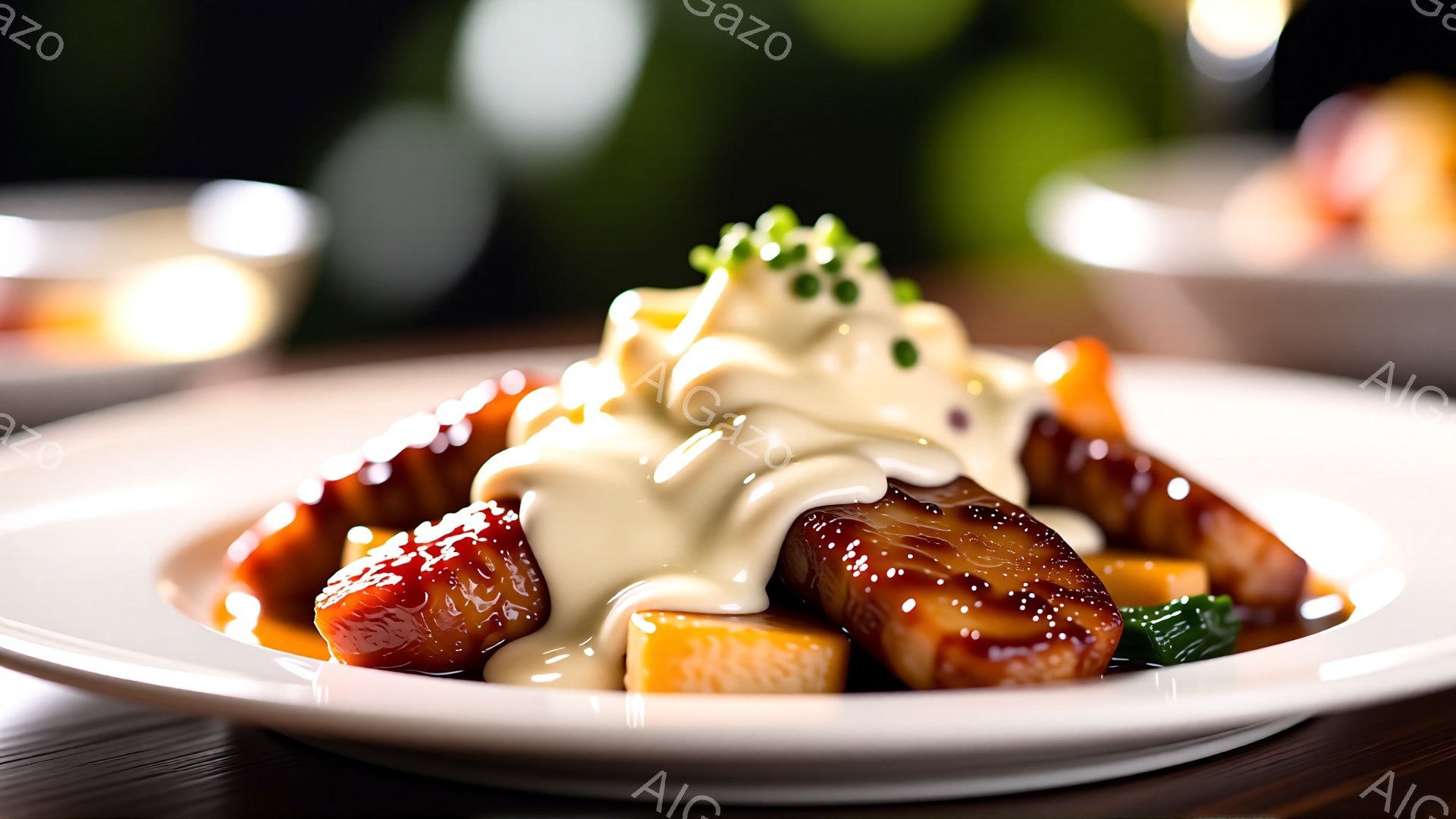 白い皿に、照り艶のある角切りの肉が、オレンジや緑色の野菜と共に盛り付けられています。クリーム色のソースが肉と野菜の上にかけられ、細かく刻まれた緑色のハーブが添えられています。背景は木製のテーブルで、ぼ - AI生成フリー素材
