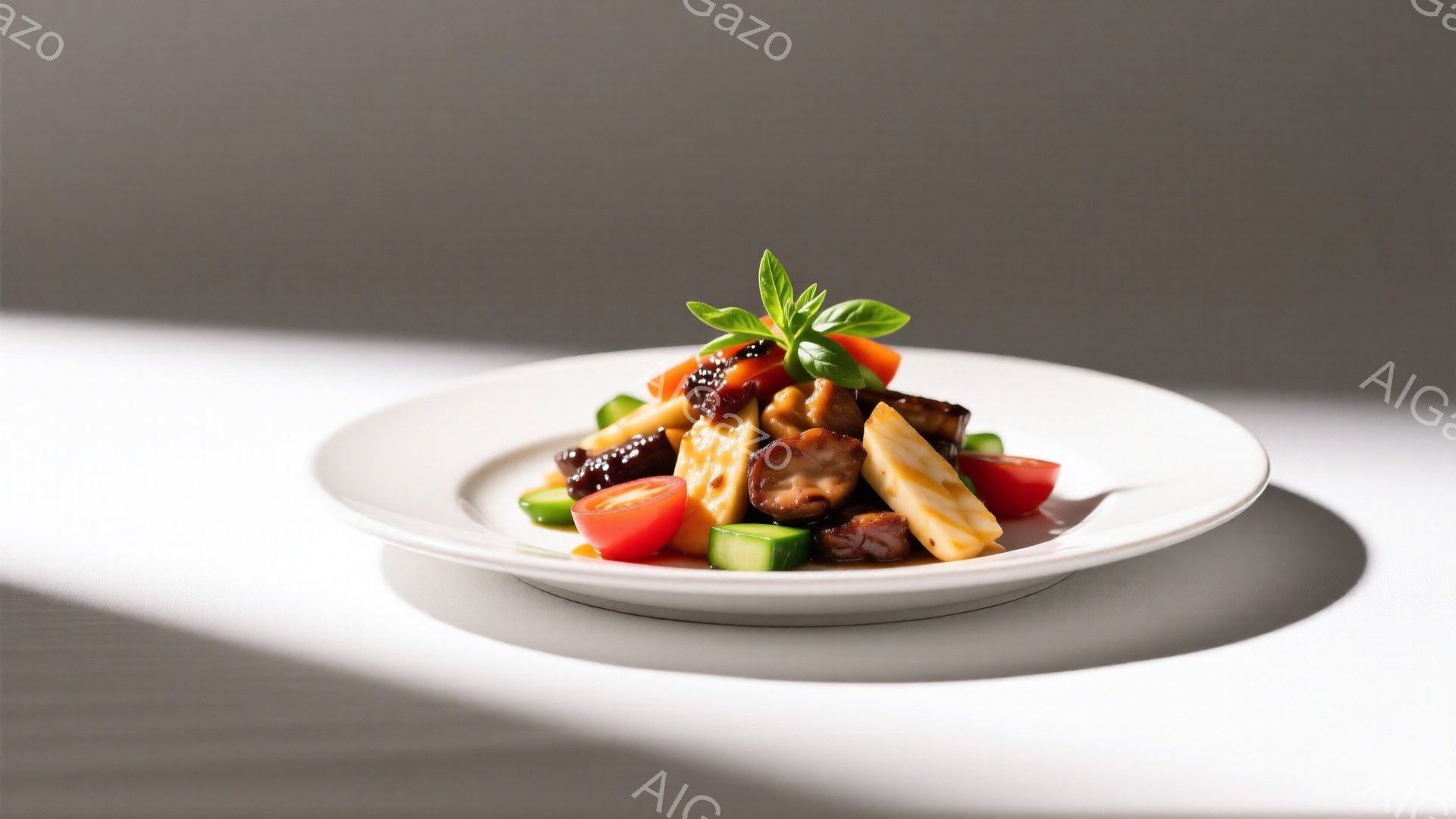 白い皿に、ナス、トマト、キュウリ、おそらくレンコンなどの野菜を甘辛いソースで和えた料理が盛り付けられています。新鮮なバジルが添えられ、全体的に落ち着いた色合いで、食欲をそそる盛り付けです。背景は白く、影が柔らかく光の加減が料理を引き立てています。