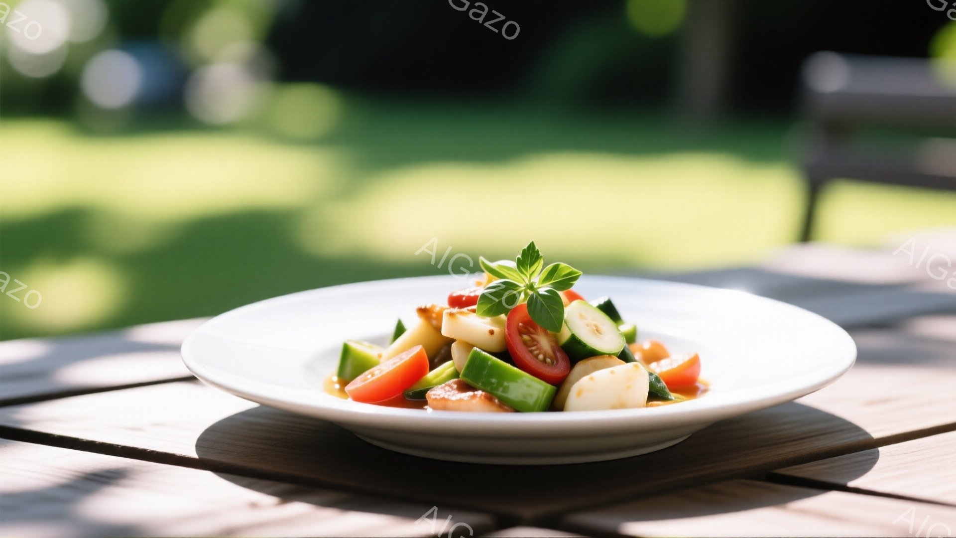 白い皿に、トマト、ズッキーニ、白く切られた何らかの野菜（おそらくカボチャや大根）が彩り豊かに盛り付けられています。 新鮮なバジルが添えられ、全体に照りが出たソースがかかっています。背景は緑豊かな木々で - AI生成フリー素材