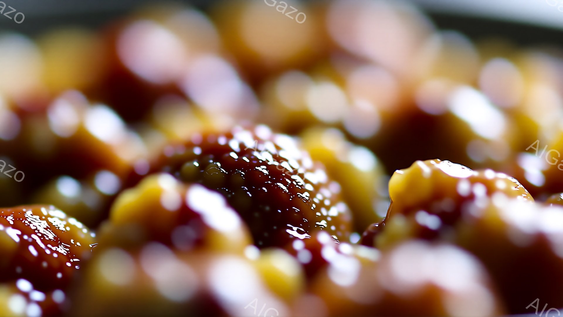 画像は、照り輝く琥珀色の団子が密集している様子を捉えたクローズアップ写真です。表面には甘いシロップのようなものが光り、まるで宝石のように見えます。背景はぼやけており、団子の質感が際立っており、食欲をそそる雰囲気が漂います。