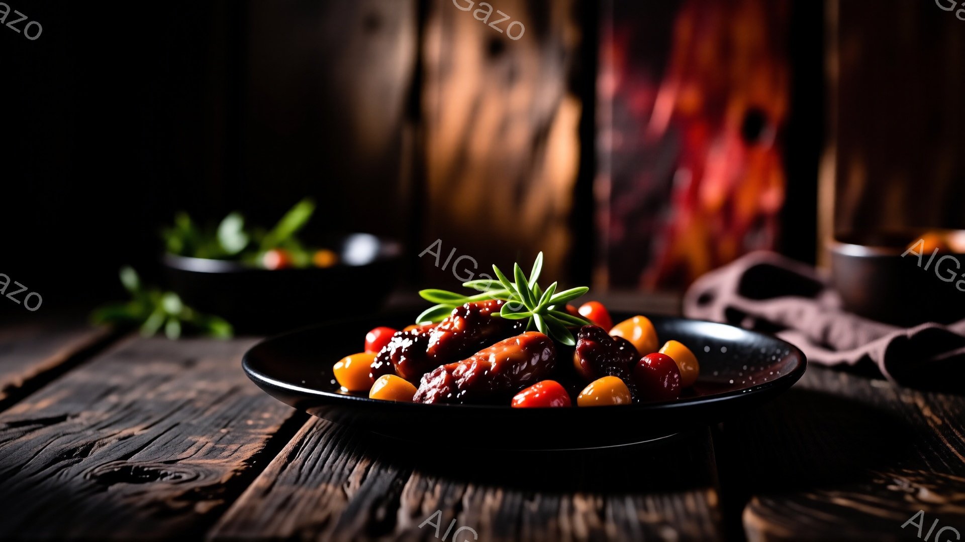 濃い茶色の木製のテーブルの上に、黒い皿に乗せられた肉料理が印象的です。肉の周りには、赤やオレンジ色の小さくて丸い野菜、そして緑色のハーブが添えられており、料理の彩りを添えています。背景は暗く、ぼやけて - AI生成フリー素材