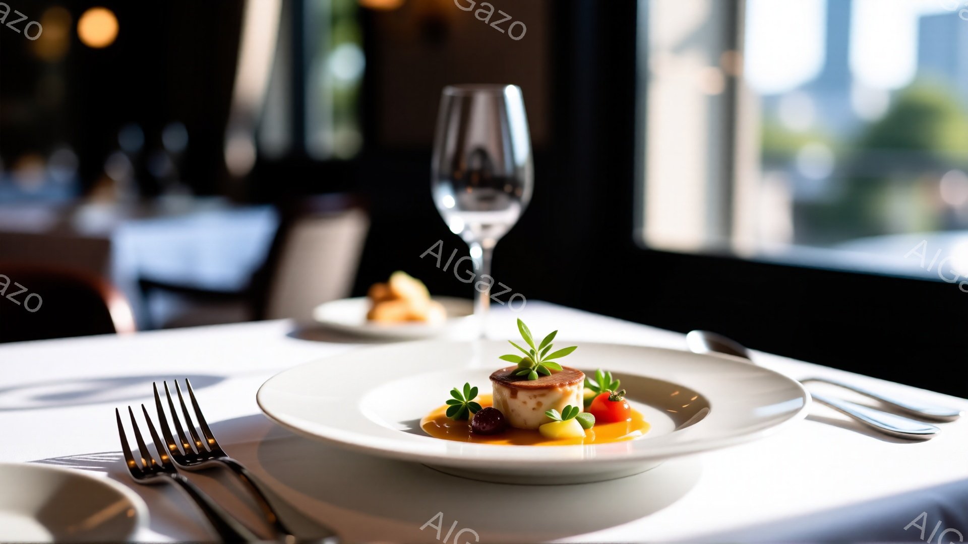 白いテーブルクロスの上に、繊細な盛り付けのデザートが置かれたプレートが光を受けて輝いている。鮮やかなオレンジ色のソースとグリーンのハーブが彩りを添え、高級感のあるレストランの雰囲気を醸し出している。背景にはぼんやりと建物が見え、晴れた日の洗練されたダイニングシーンを捉えている。