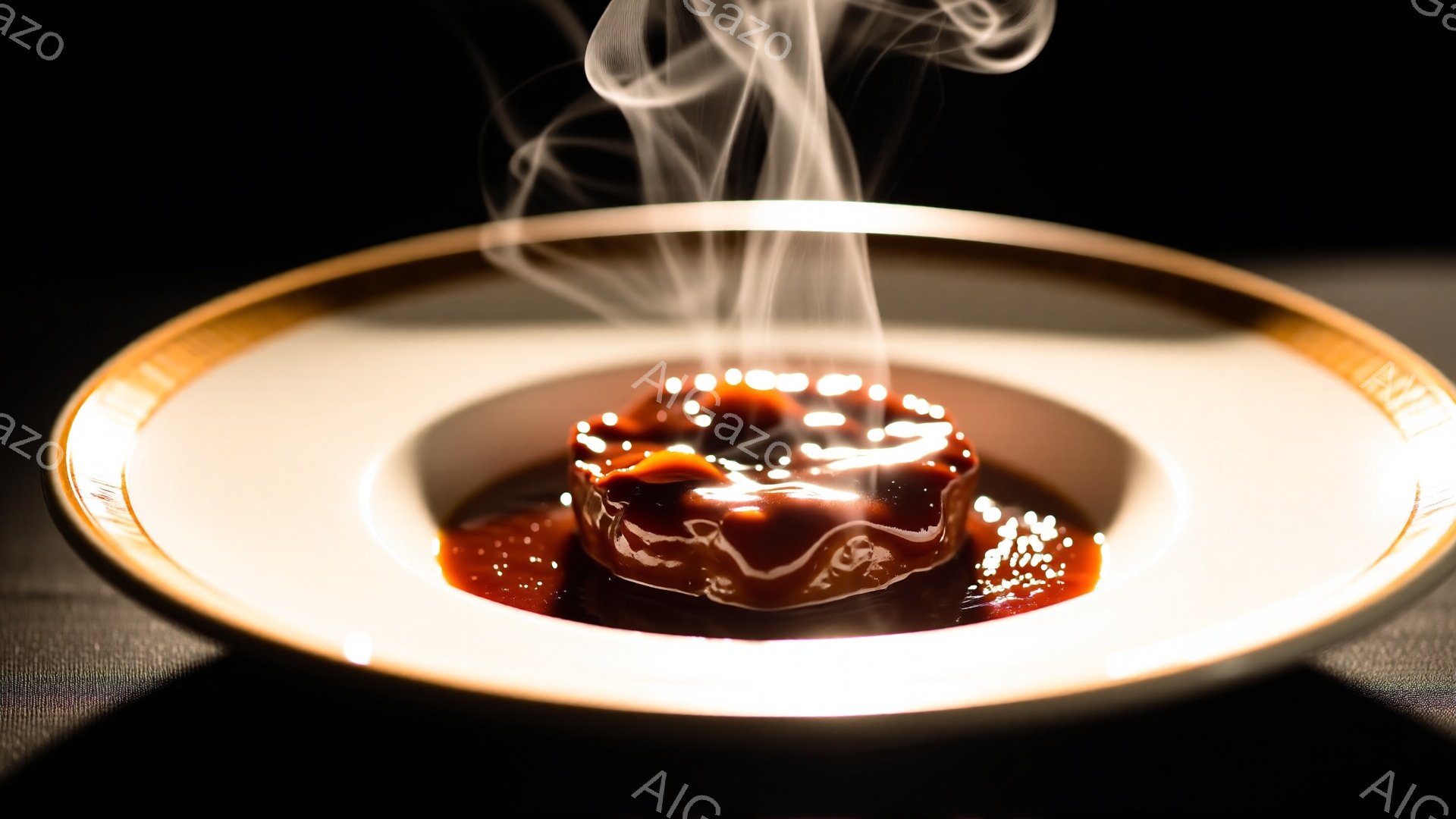 光沢のある茶色のゼリー状のデザートが、金色の縁取りのある白い皿の中心に盛り付けられています。蒸気が立ち上り、暖かく、贅沢な雰囲気を醸し出しています。背景は暗く、デザートに焦点が当てられており、高級感と - AI生成フリー素材