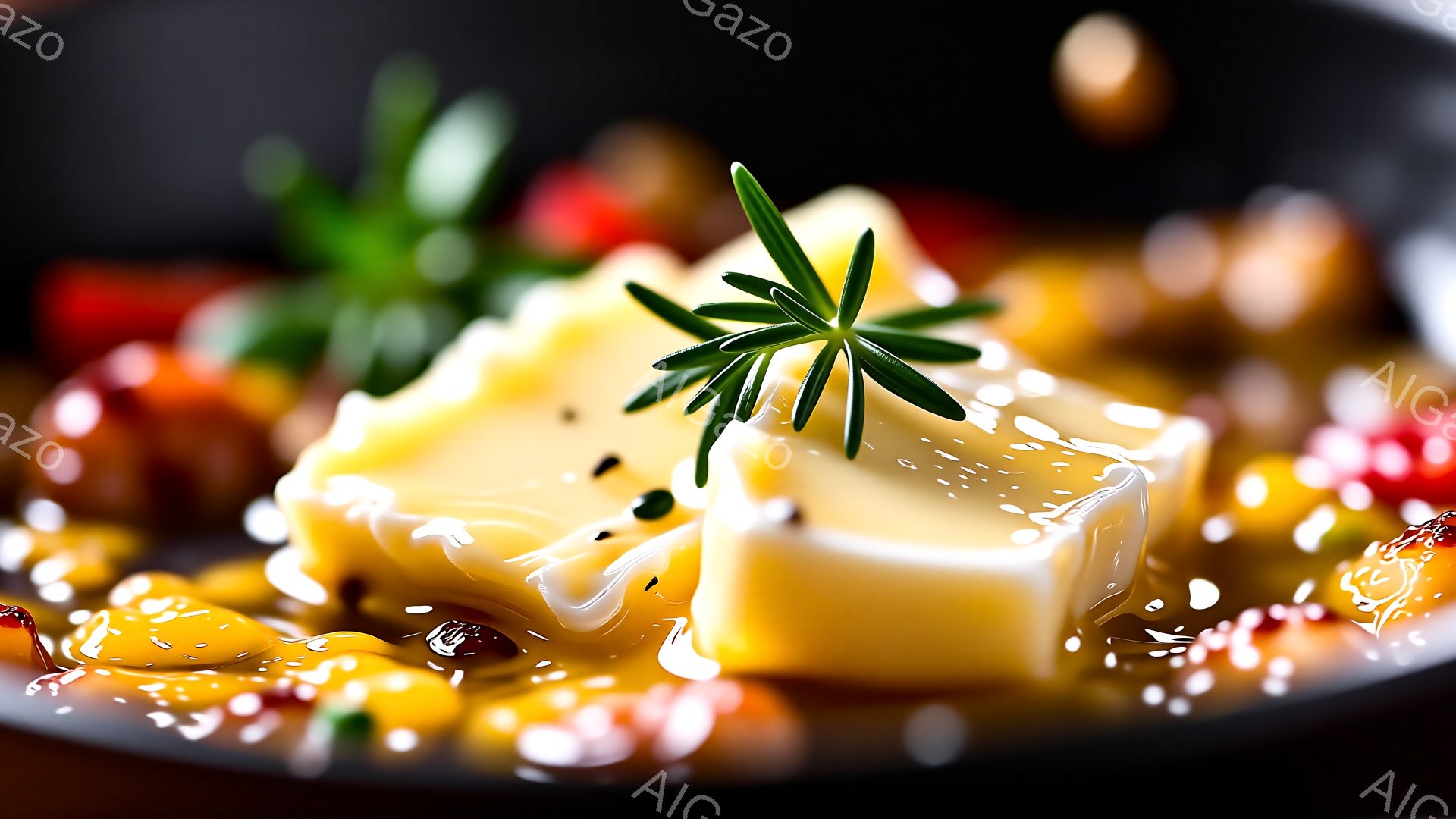 鮮やかな黄色い塊が中央に配置され、その上に緑色のハーブが添えられています。周囲には、赤やオレンジ、白の粒状のものが散りばめられており、皿の上で彩り豊かなコントラストを生み出しています。全体的に、料理のプレゼンテーションを強調した、明るく食欲をそそる雰囲気です。