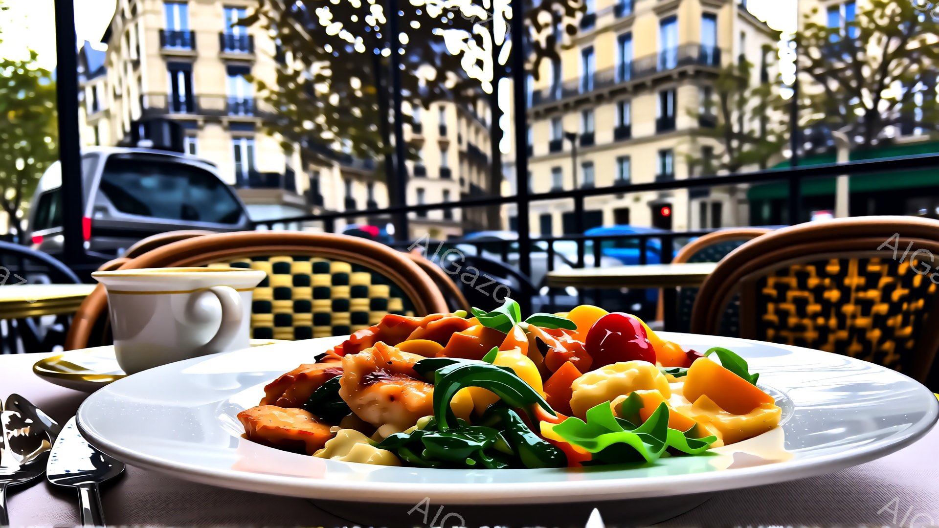 白い皿に、エビと野菜をたっぷり使ったパスタ料理が盛り付けられています。背景には、パリの街並みとカフェの椅子がぼやけて見え、暖かく明るい午後の雰囲気が漂っています。鮮やかな食材の色合いが食欲をそそり、洗練されたカフェでの食事のひとコマを切り取ったような印象です。