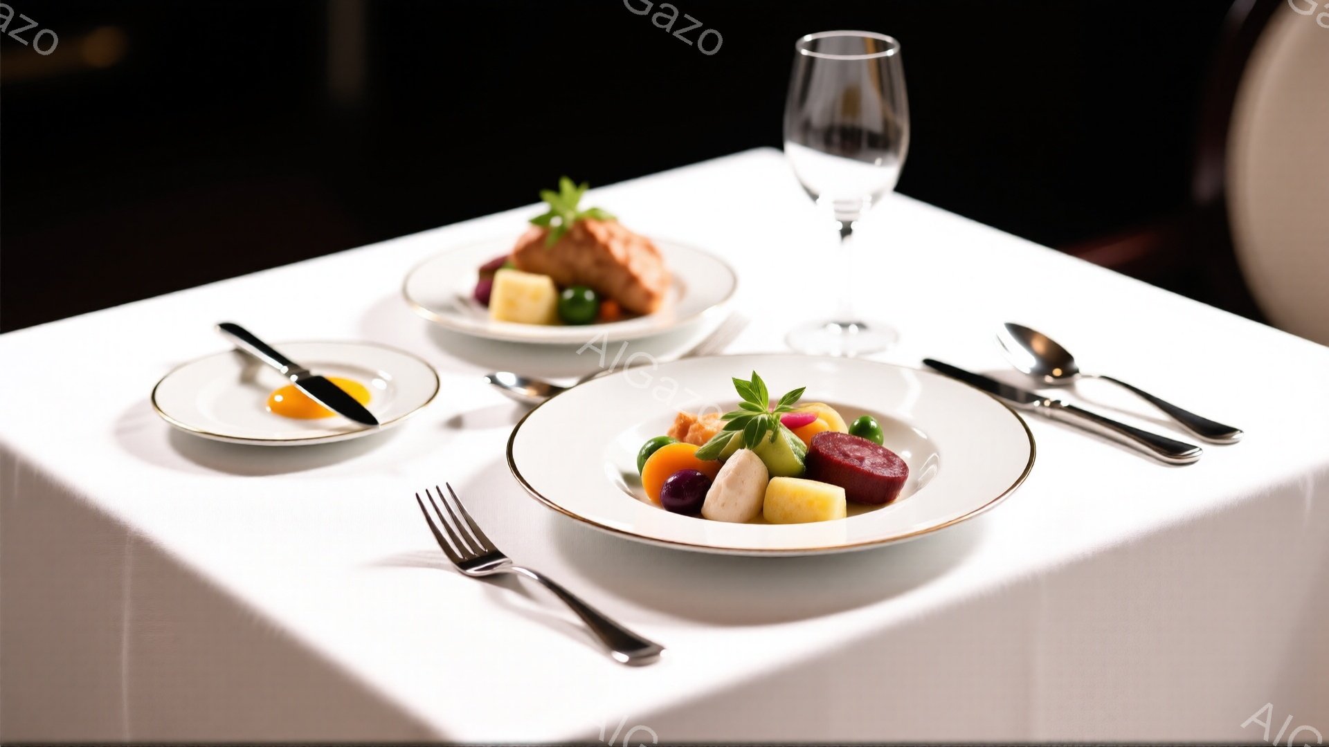 白いテーブルクロスの上に、前菜と思われる料理が2皿とグラスが置かれています。それぞれの皿には彩り豊かな野菜や肉が盛り付けられ、上品なレストランの食卓を連想させます。背景は暗く、料理に焦点が当てられており、洗練された雰囲気を醸し出しています。