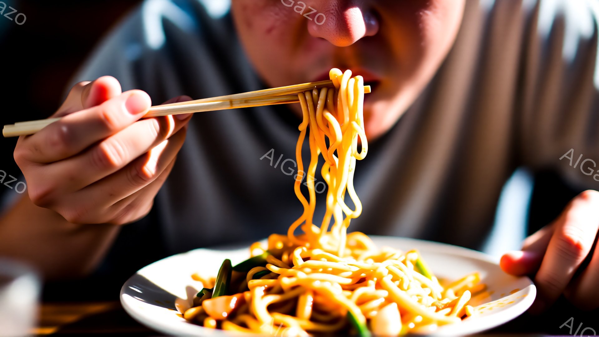 浅い玉色のボウルに盛られた焼きそばを、男性が箸で口に運んでいる様子が写っている。彼はグレーのTシャツを着ており、髪は短く整えられているが、表情ははっきりと見えない。焼きそばは茶色いソースでコーティングされ、細切りにしたキャベツやネギなどの具材が含まれている。