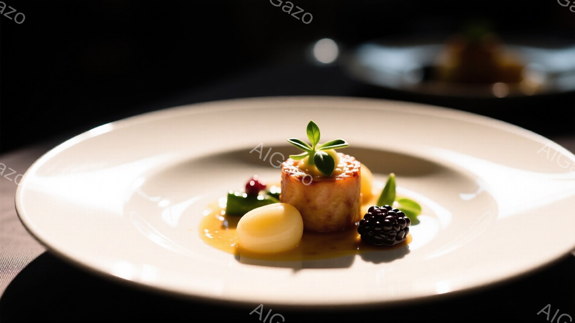 白い皿に盛り付けられた、美しい一皿の料理が捉えられています。中央には、褐色に焼かれた柱状の食材が置かれ、その周りにはクリーム色の丸い食材、数粒のベリー、そして緑色の葉が添えられています。暗い背景とスポットライトのような光が、料理を強調し、高級感と洗練された雰囲気を醸し出しています。