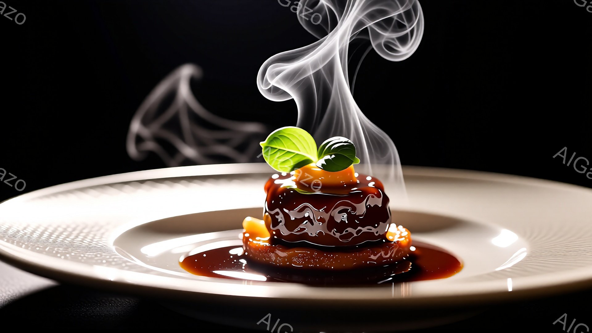 漆黒の背景に、白い装飾が施された皿の上に、照り輝く茶色のソースをまとった料理が盛られています。料理の上には、鮮やかな緑色の葉が添えられ、湯気が立ち昇る様子が捉えられています。全体的に洗練された雰囲気で、高級レストランで提供される料理を思わせます。