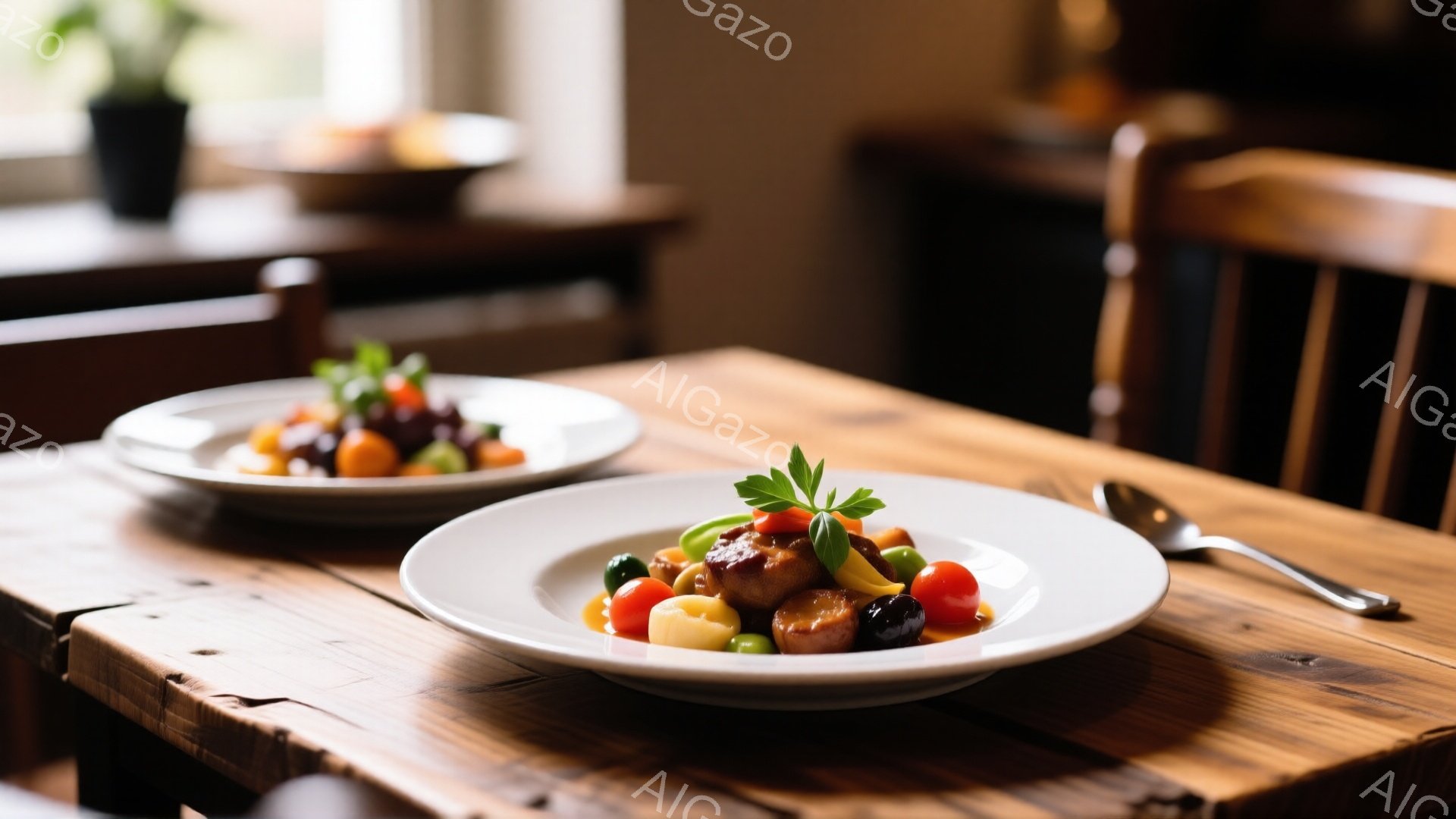 画像は、木製のテーブルの上に置かれた2つの白い皿を捉えています。皿には、マッシュポテト、ソーセージ、トマト、緑色の葉などの様々な食材が盛り付けられた料理が乗っています。背景には、ぼやけた椅子と植物が見え、温かく落ち着いた雰囲気です。