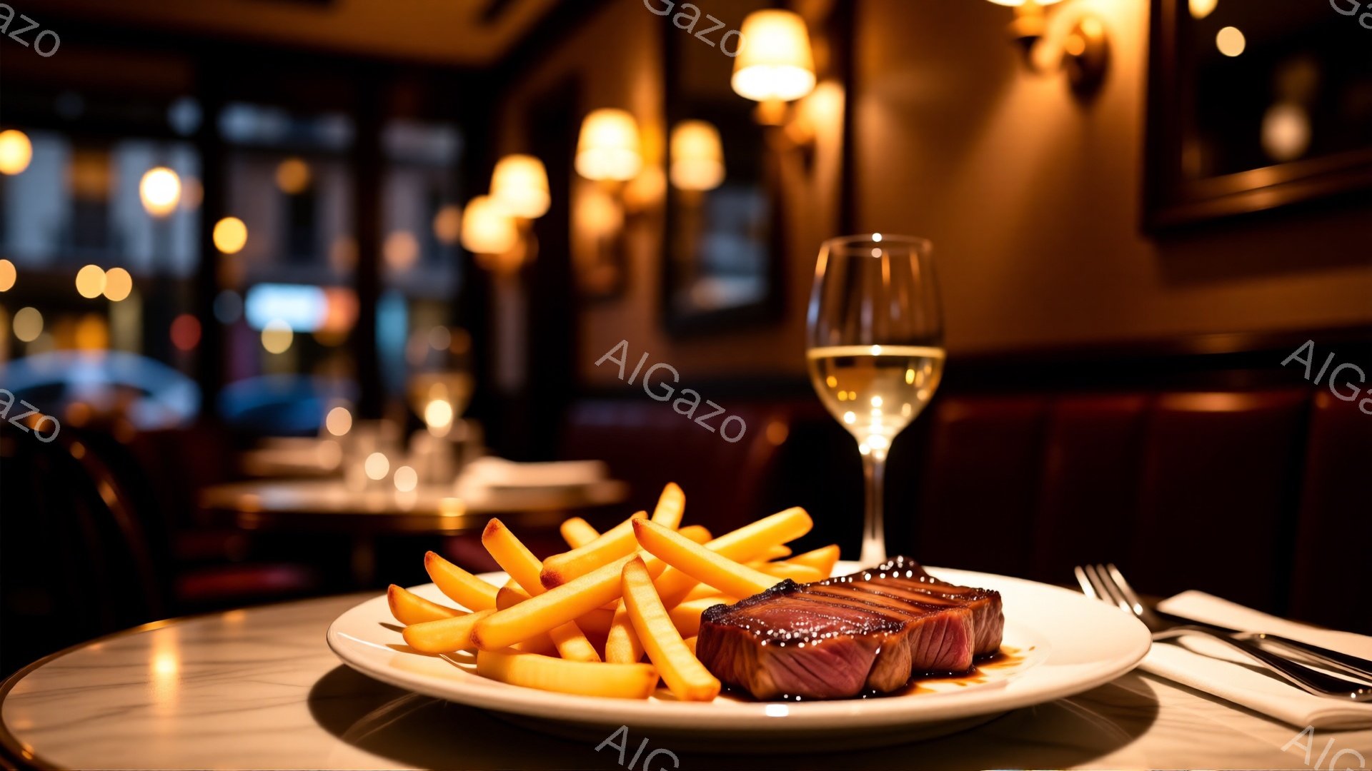 テーブルの上には、フランス風のフライドポテトと焼き加減の良いステーキが盛られた白い皿が置かれています。背景には、ぼやけたレストランのインテリア、暖色の照明、他のテーブルが見え、落ち着いた雰囲気です。ワイングラスが添えられており、上品で食欲をそそる情景が広がっています。