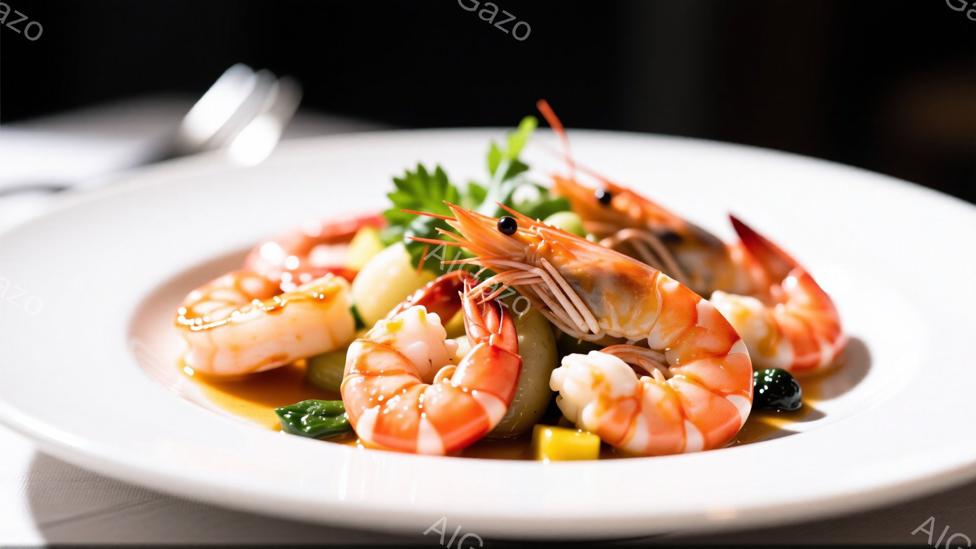 白い皿に盛り付けられたエビ料理が中央にあり、鮮やかなオレンジ色とピンク色が食欲をそそります。緑色のハーブと黄色の野菜が添えられており、ソースが皿全体に広がっています。背景はぼかされており、フォーマルな - AI生成フリー素材