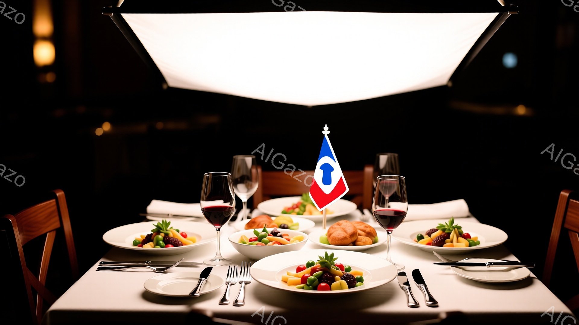 白いテーブルの上に、赤ワイングラスと色とりどりのフルーツサラダ、クロワッサンが並べられています。背景は暗く、テーブルの上だけが明るく照らされており、フォーマルなディナーの準備が整っている様子が伺えます。中央にはフランスの国旗が飾られており、フランス料理をイメージさせる落ち着いた雰囲気です。