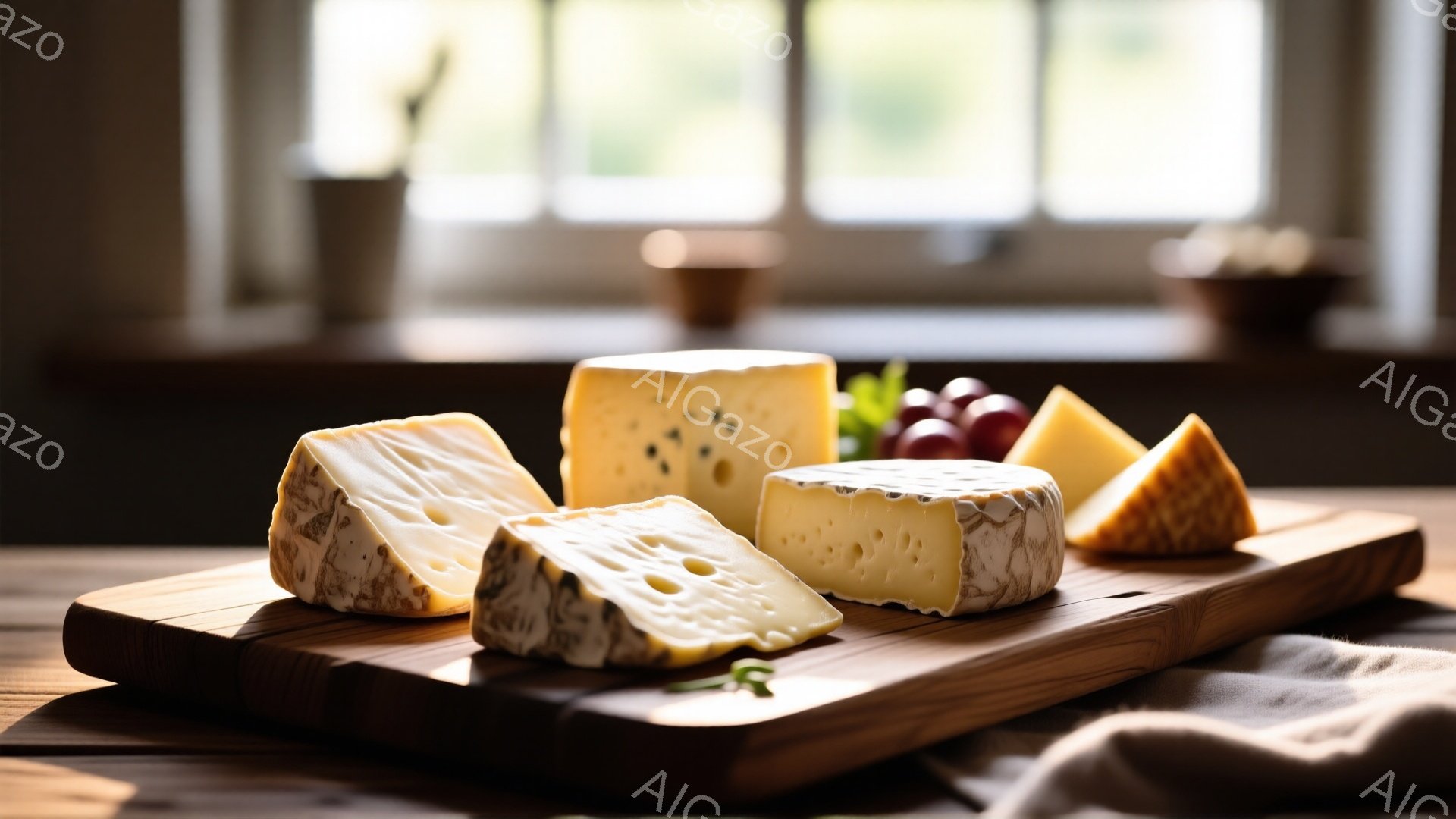 暖炉のそばにある木製の板の上に、さまざまな種類のチーズが並べられています。エメンタールチーズのような穴あきチーズや、白カビのチーズ、硬めの黄色いチーズなど、形や色合いが異なります。背景にはぼやけた窓と、自然光が差し込み、温かみのある食卓の雰囲気が感じられます。