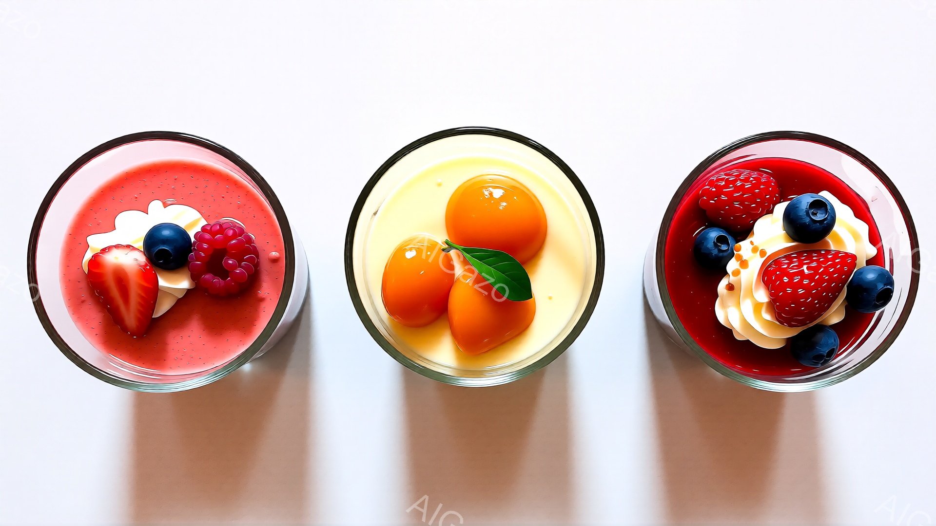 ３つのグラスにそれぞれ異なるデザートが盛り付けられています。左のグラスは赤いゼリーのようなものにイチゴ、ラズベリー、ブルーベリーとホイップクリームが添えられ、中央のグラスはオレンジ色のゼリーとミカン、葉が盛り付けられ、右のグラスは濃い赤色のゼリーにイチゴ、ラズベリー、ブルーベリーとホイップクリームが添えられています。全体的に明るい光の下で、鮮やかな色彩が食欲をそそる様子が表現されています。