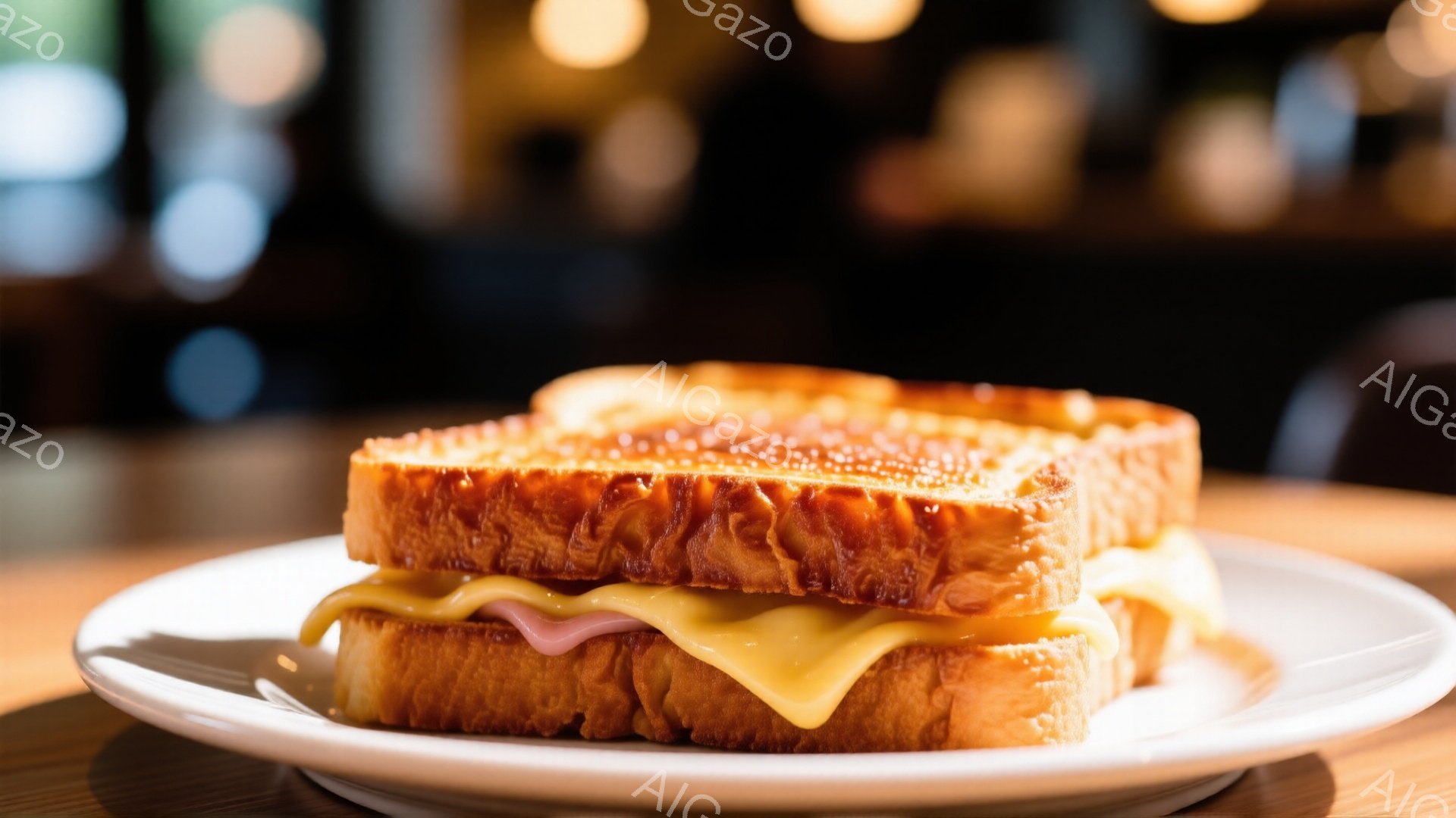白い皿に挟まれた、溶けたチーズとハムを挟んだトーストサンドイッチが写っている。パンはきつね色に焼かれており、チーズはとろけてパンからはみ出している。背景はぼやけており、暖色系の照明がサンドイッチを照ら - AI生成フリー素材