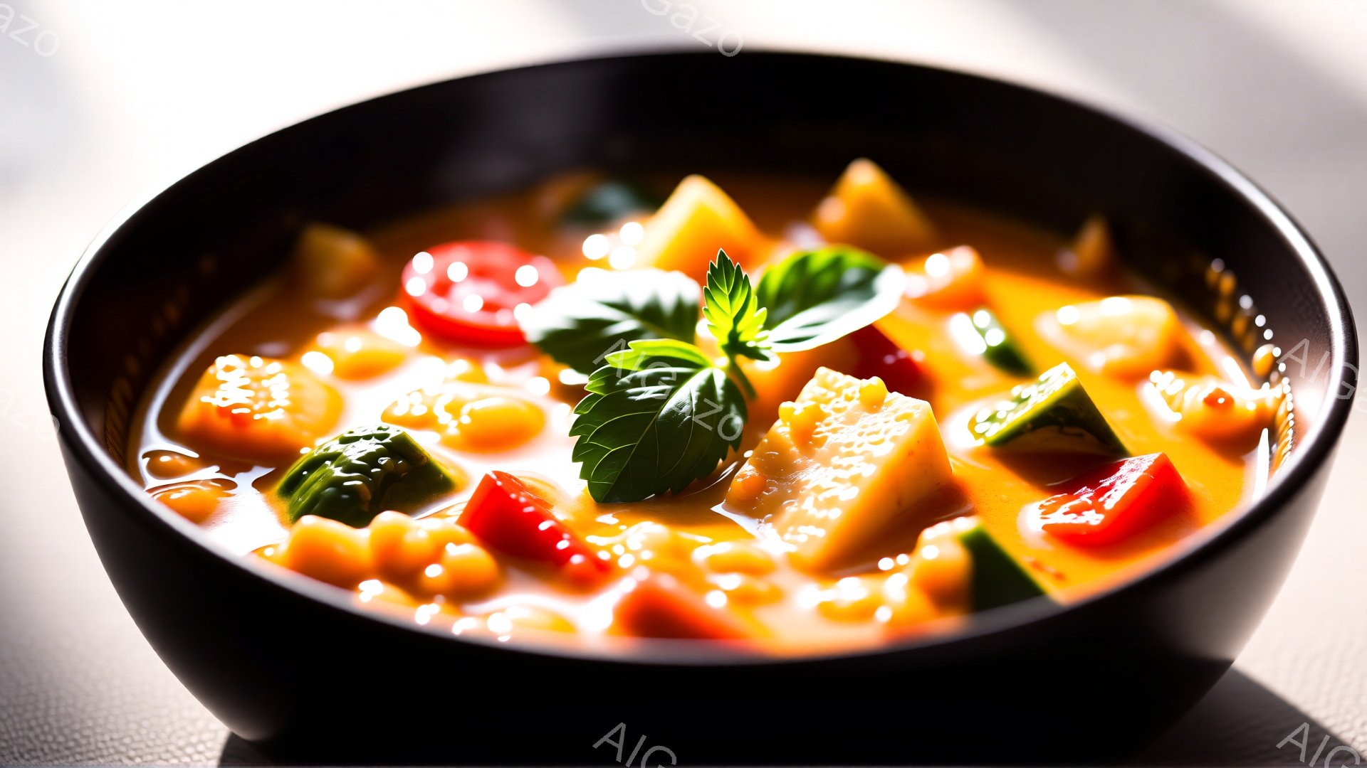 黒い器の中に、様々な色の野菜がたっぷり入ったスープが盛り付けられています。トマト、カボチャ、緑色の野菜（おそらくブロッコリーやズッキーニ）が目立ち、フレッシュなハーブが添えられ、彩りを添えています。全体的に明るく暖かみのある色合いで、食欲をそそる雰囲気が漂います。