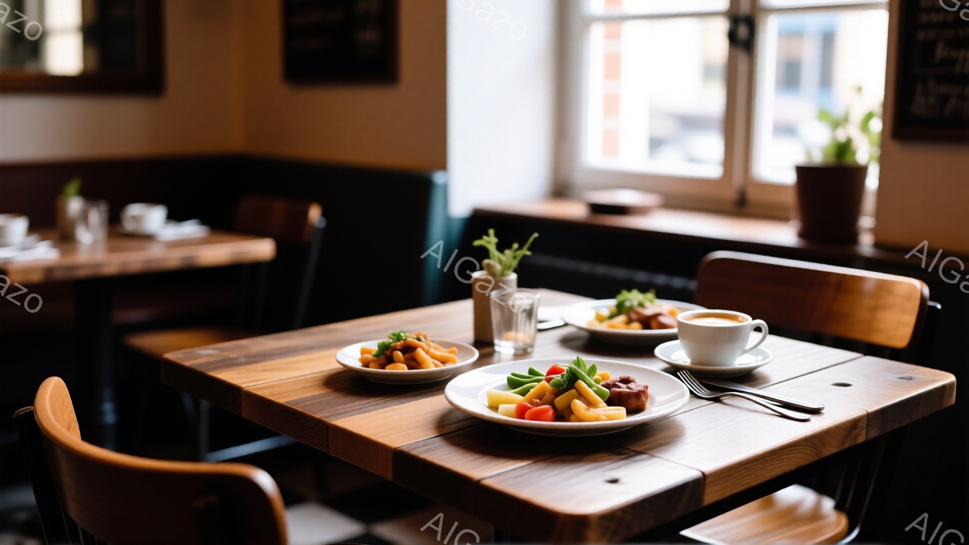 木目が見えるテーブルの上に、様々な野菜と肉料理が盛り付けられた白い皿が二つ置かれています。窓際には植物が飾られ、奥には他のテーブルと椅子が見え、落ち着いた雰囲気のカフェまたはレストランの内部の様子です。全体的に暖色系の照明と木製の家具が、温かくリラックスできる空間を作り出しています。