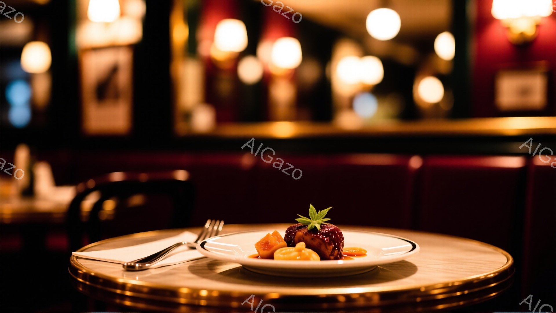 鮮やかな赤いテーブルの上に、白い皿に乗せられた肉料理が置かれている。料理には、緑色の葉とオレンジ色のソースが添えられており、皿の縁には金色のラインが入っている。背景は暗く、ぼんやりとした光が灯るレストランのようであり、全体的に落ち着いた、高級感のある雰囲気が漂っている。