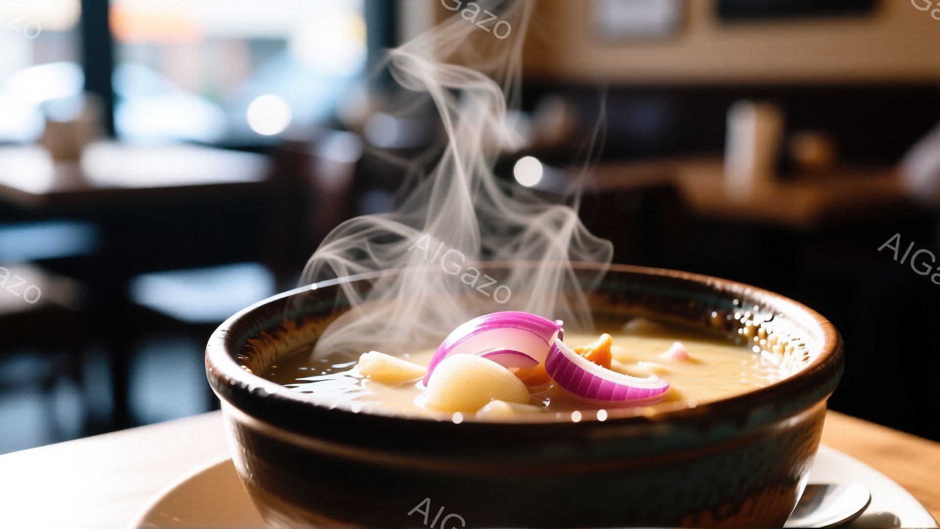 陶器の丼に、温かいスープが湯気を上げている。スープの中には、角切りされたジャガイモと、薄切りされた紫玉ねぎが浮かんでいる。背景はぼやけており、木製のテーブルと、何かの店の内部の様子が見える暖かそうな雰囲気だ。