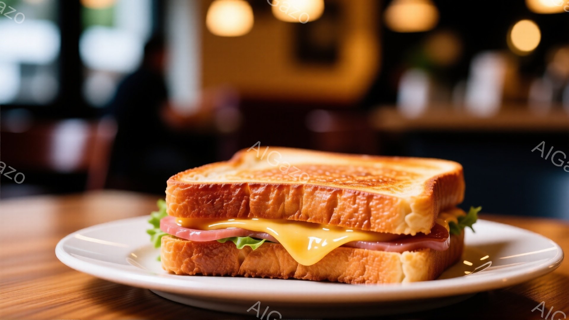 温かいトーストサンドイッチが白い皿に乗せられています。ハム、レタス、とろけるチーズが挟まっており、パンは黄金色に焼けています。背景はぼやけており、木製のテーブルと柔らかな光が暖かく穏やかな雰囲気を醸し - AI生成フリー素材