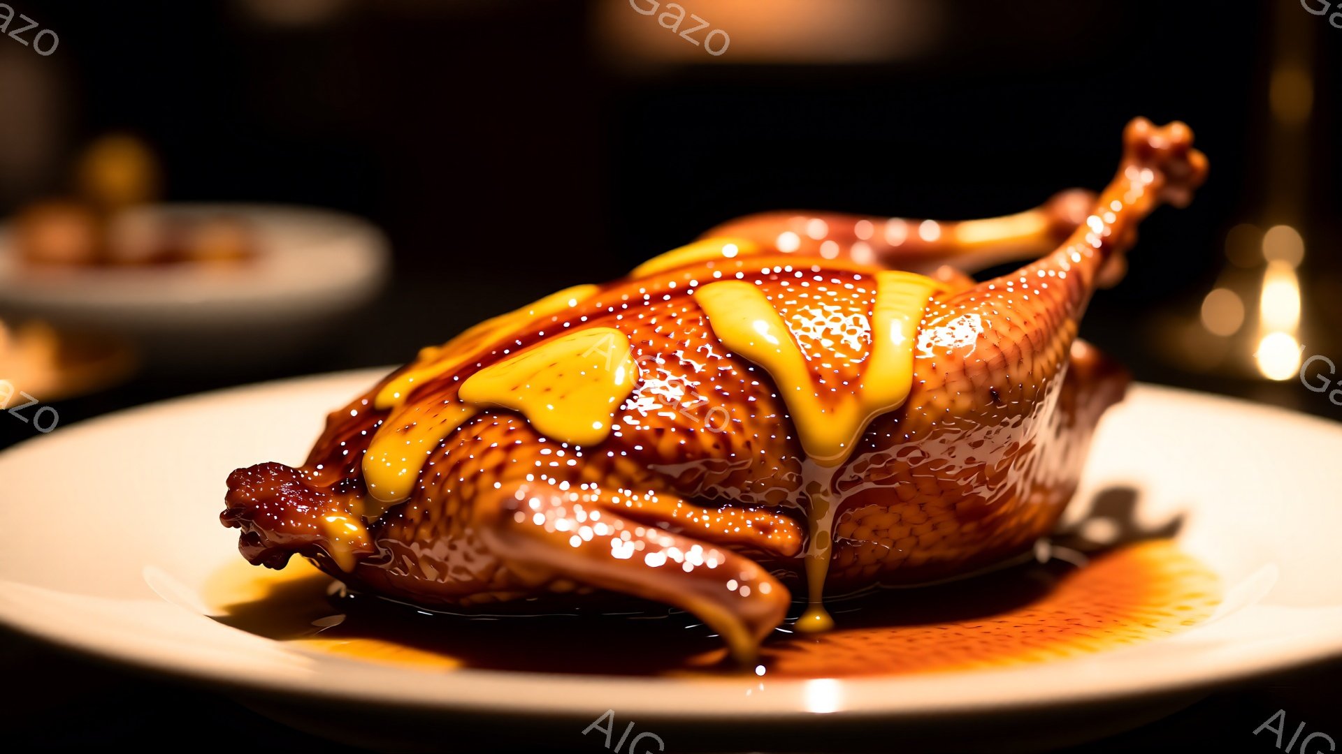 照り輝く焼き鴨が白い皿の中央に堂々と鎮座しており、濃厚なソースが全体にかけられている。鴨の皮はカリカリに焼き上げられ、美しい琥珀色を帯び、食欲をそそる。背景は暗く、他の料理の一部がぼやけて写っており、鴨料理がメインであることを強調している。