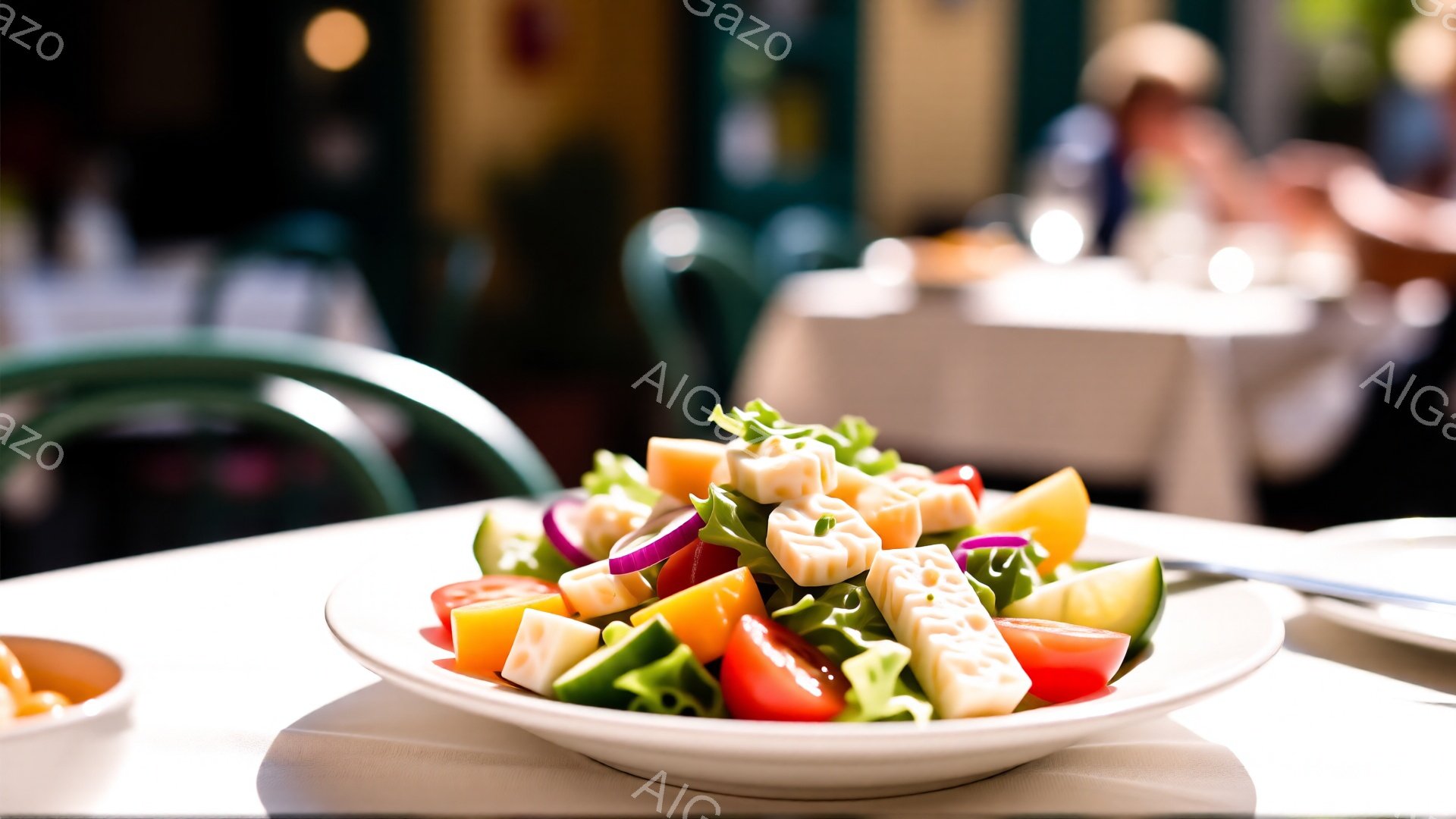 白い皿に、カラフルなパスタサラダが盛り付けられています。レタス、トマト、きゅうり、紫玉ねぎ、そしてチーズのような形のパスタが混ざり合い、彩り豊かです。背景にはぼやけたテーブルと椅子が見え、レストランのような明るい雰囲気を感じさせます。