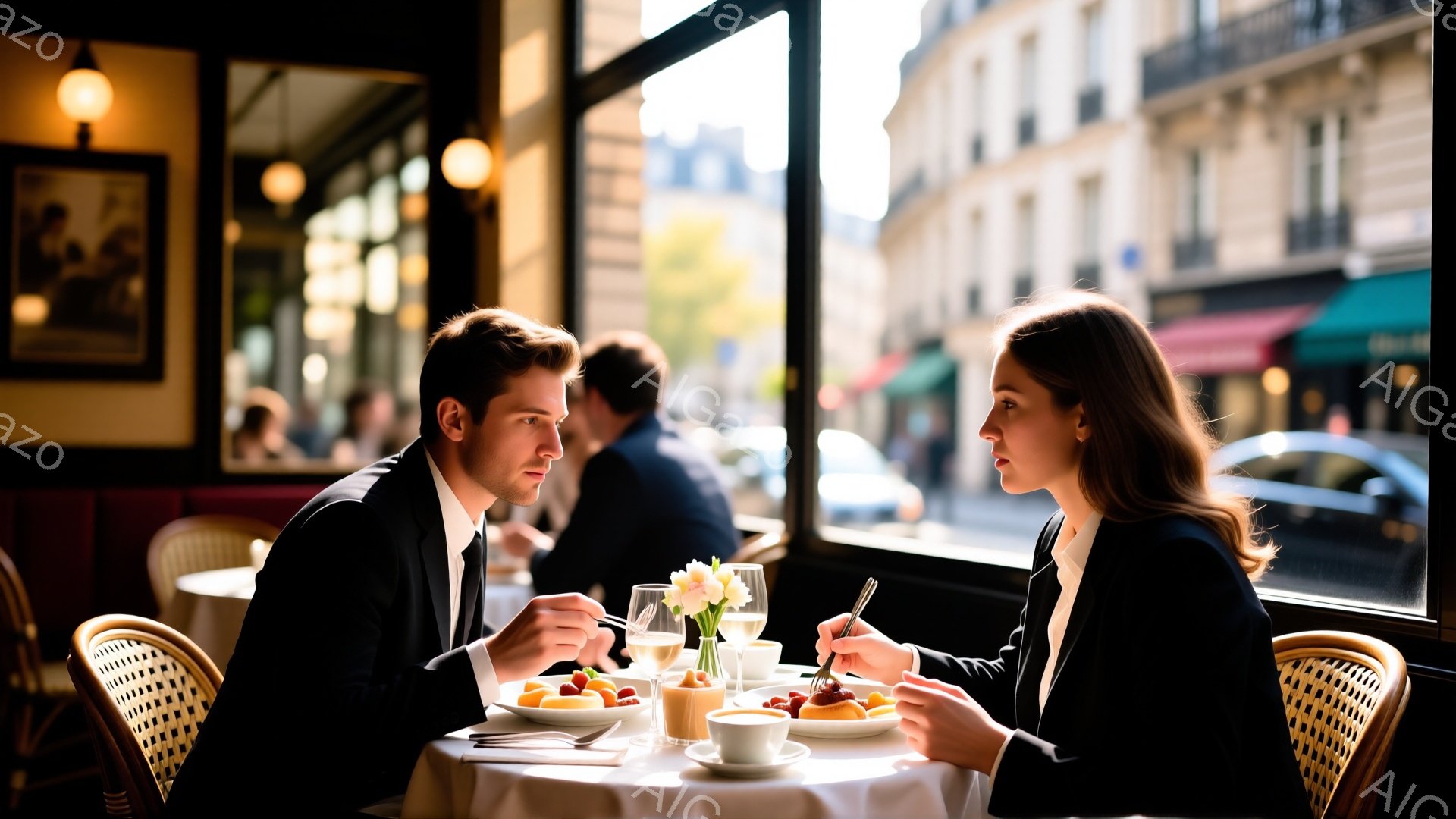 窓際のテーブルで食事をする男女が写っている。男性は黒いスーツにネクタイ、整髪された髪型で、女性も黒いスーツに長い髪を後ろにまとめており、二人とも真剣な表情で食事に集中している。背景には石造りの建物が見え、晴れた空と窓から差し込む光が、上品で落ち着いた雰囲気を作り出している。