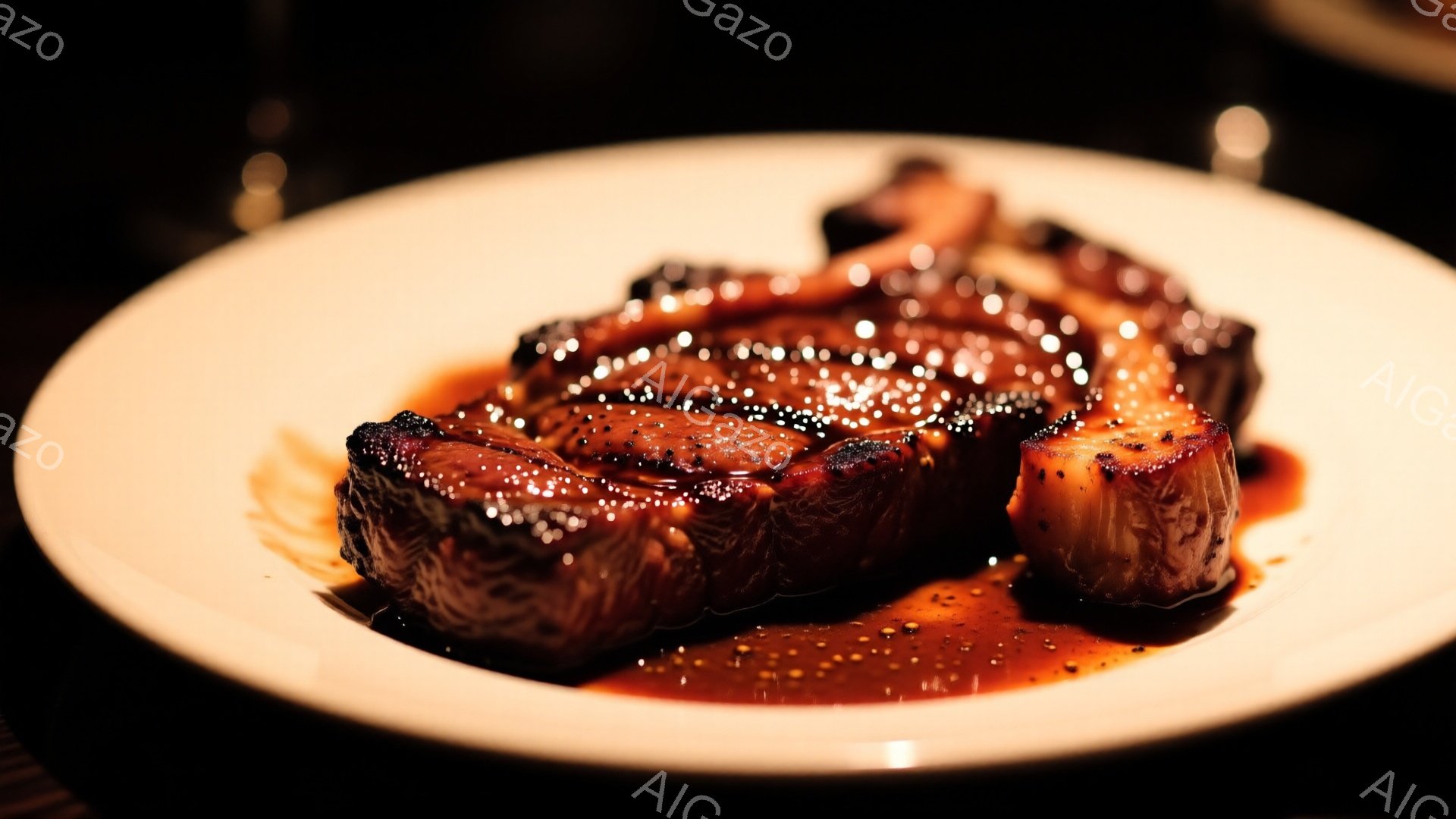 艶やかな照りを持つ、厚切りのステーキが白い皿に盛られています。肉の表面には胡椒が振られ、肉汁が皿に広がり、食欲をそそる光景です。背景は暗く、ステーキが際立っており、高級感と落ち着いた雰囲気を醸し出しています。