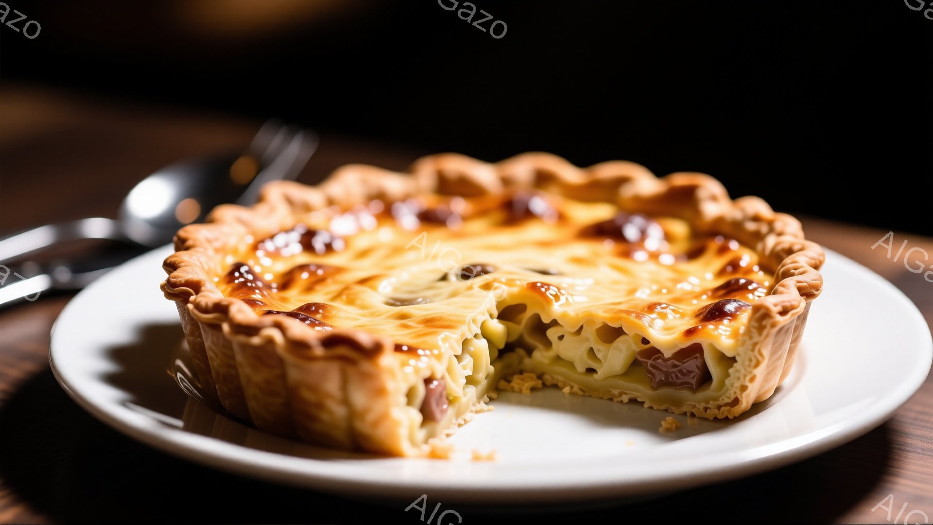 焼き立てのキッシュが、白い皿に盛られています。パイ生地は黄金色でサクサクしており、中身はチーズとベーコン、卵などが混ざり合い、美味しそうな焼き目をつけています。背景は暗い木製のテーブルで、左側にはフォークとナイフが置かれ、温かい家庭的な雰囲気が漂っています。