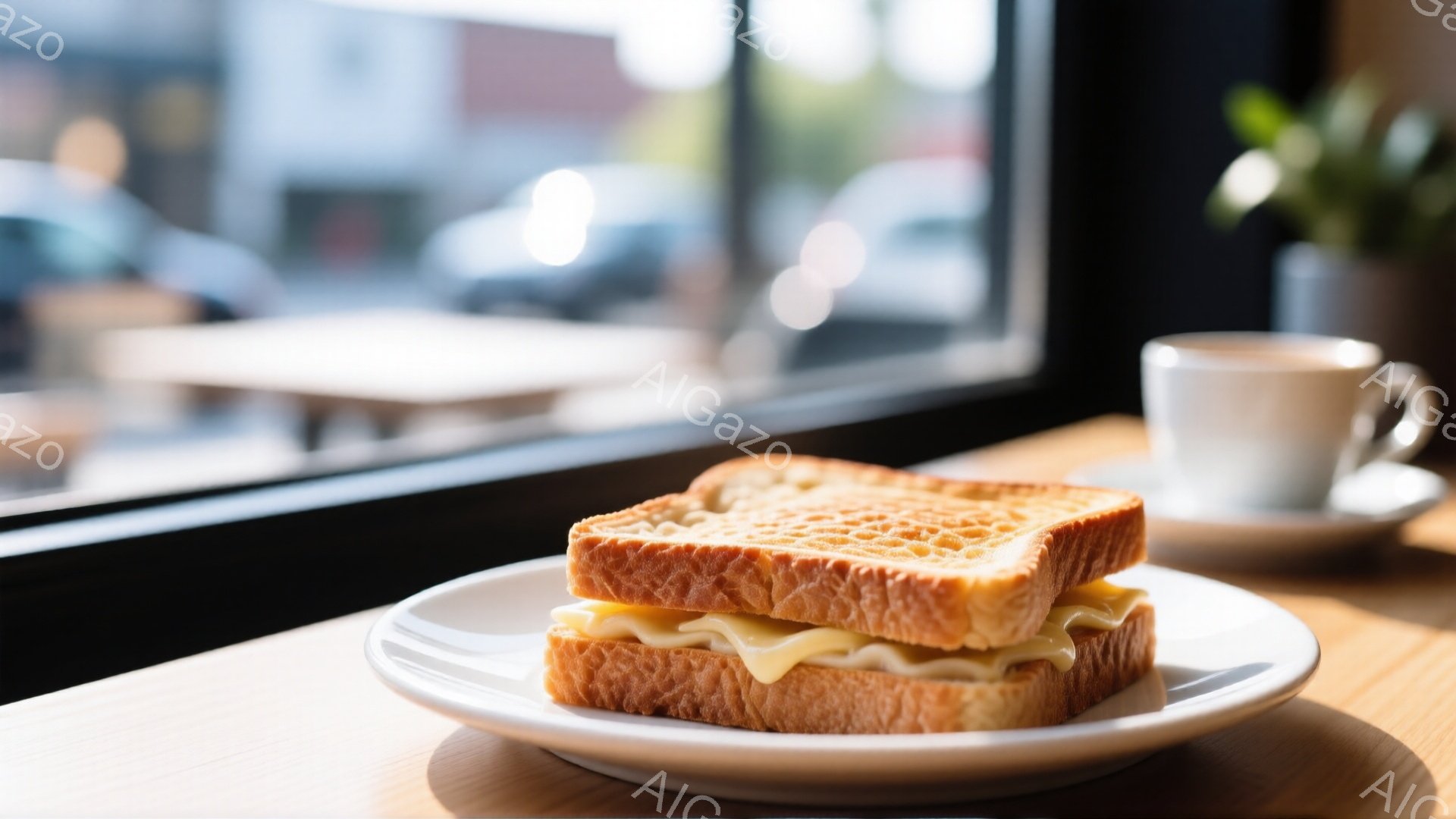 白い皿に挟まれたチーズサンドイッチが、明るい光の中で木製のテーブルに置かれている。背景にはぼやけた窓の外の街並みが見え、カフェやレストランのような穏やかな雰囲気が漂う。温かい飲み物が入った白いカップがサンドイッチの隣に置かれ、日常のシンプルな食事が表現されている。